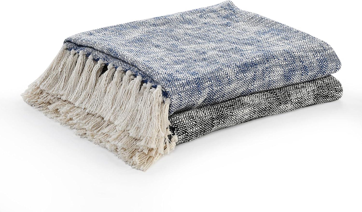 Navy Blue and Off-White Cotton Chambray Throw Blanket with Fringe