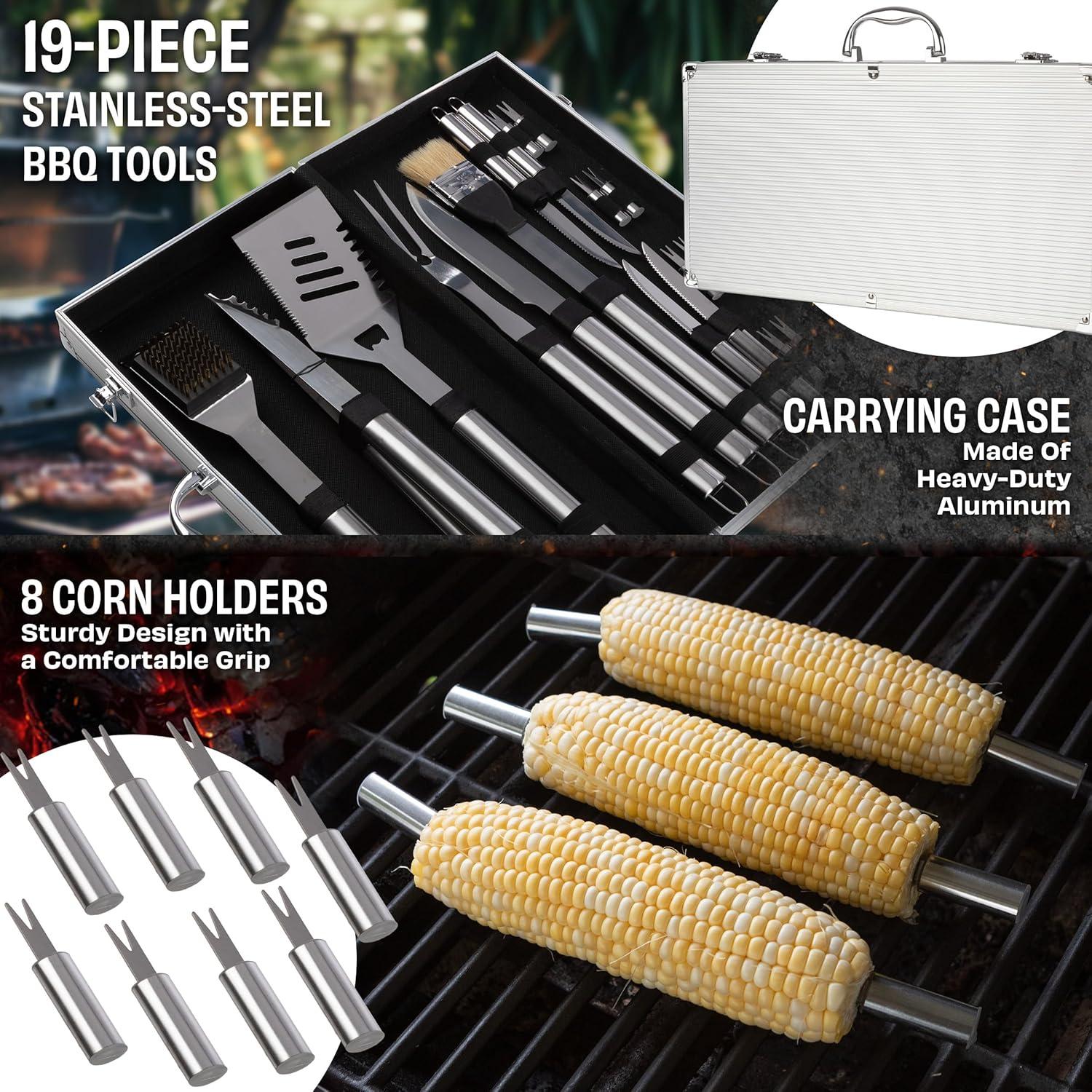 BBQ Grill Accessories Kit - 19-Piece Stainless-Steel Grilling Tools Set with Carrying Case - Camping Utensils for Summer Outdoor Cooking by Chef Buddy