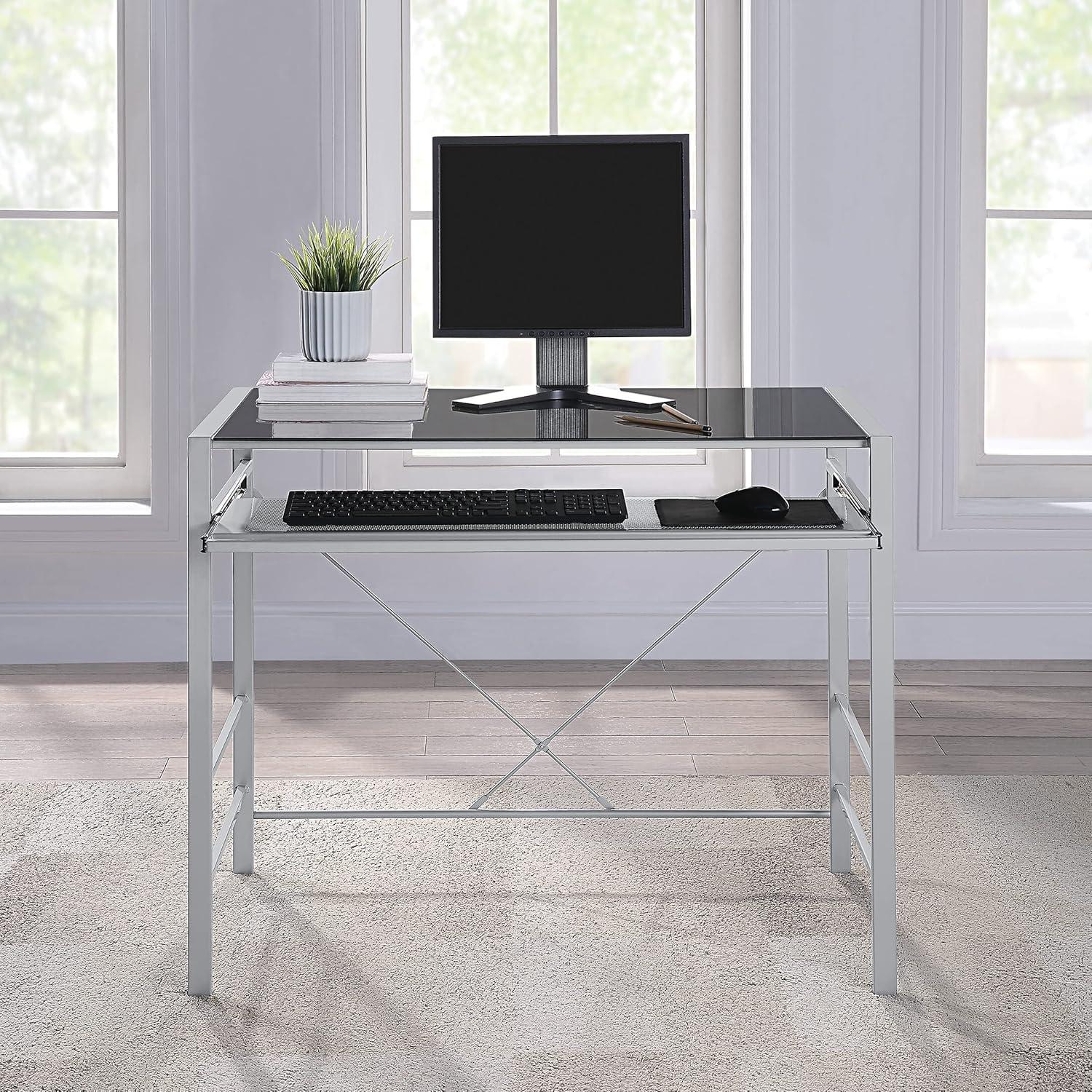 Zephyr Computer Desk with Black Tempered Glass Top and Silver Frame