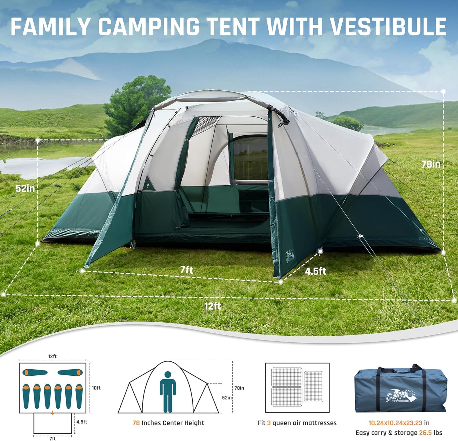 8-Person Green and White Polyester Dome Camping Tent with Vestibule