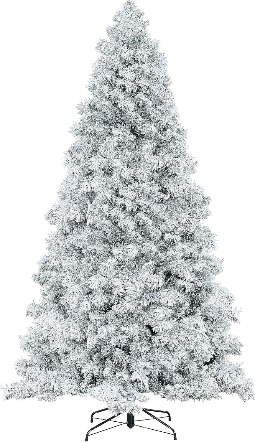 Naomi Home 7.5ft Snow Flocked Christmas Tree with Lights, Realistic Frosted Christmas Tree Prelit with 892 Branch Tips, 550 Warm Lights and Metal Stand, Aritificial Christmas Tree