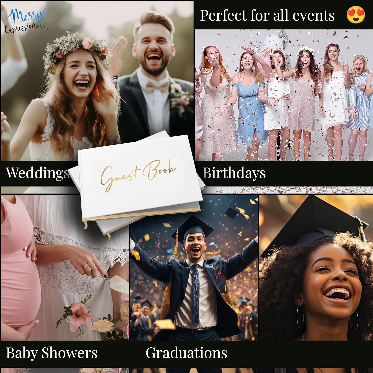 Merry Expressions Gold Guest Book & Pen - 9"x7" Hardcover White Polaroid Book 100 Page/50 Sheets - F Gilded Edges for Guests & Visitors to Sign at a Wedding, Party, Baby or Bridal Shower