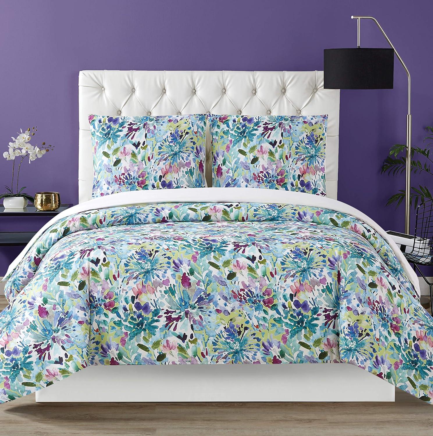 Twin XL Blue Floral Cotton Reversible Comforter Set