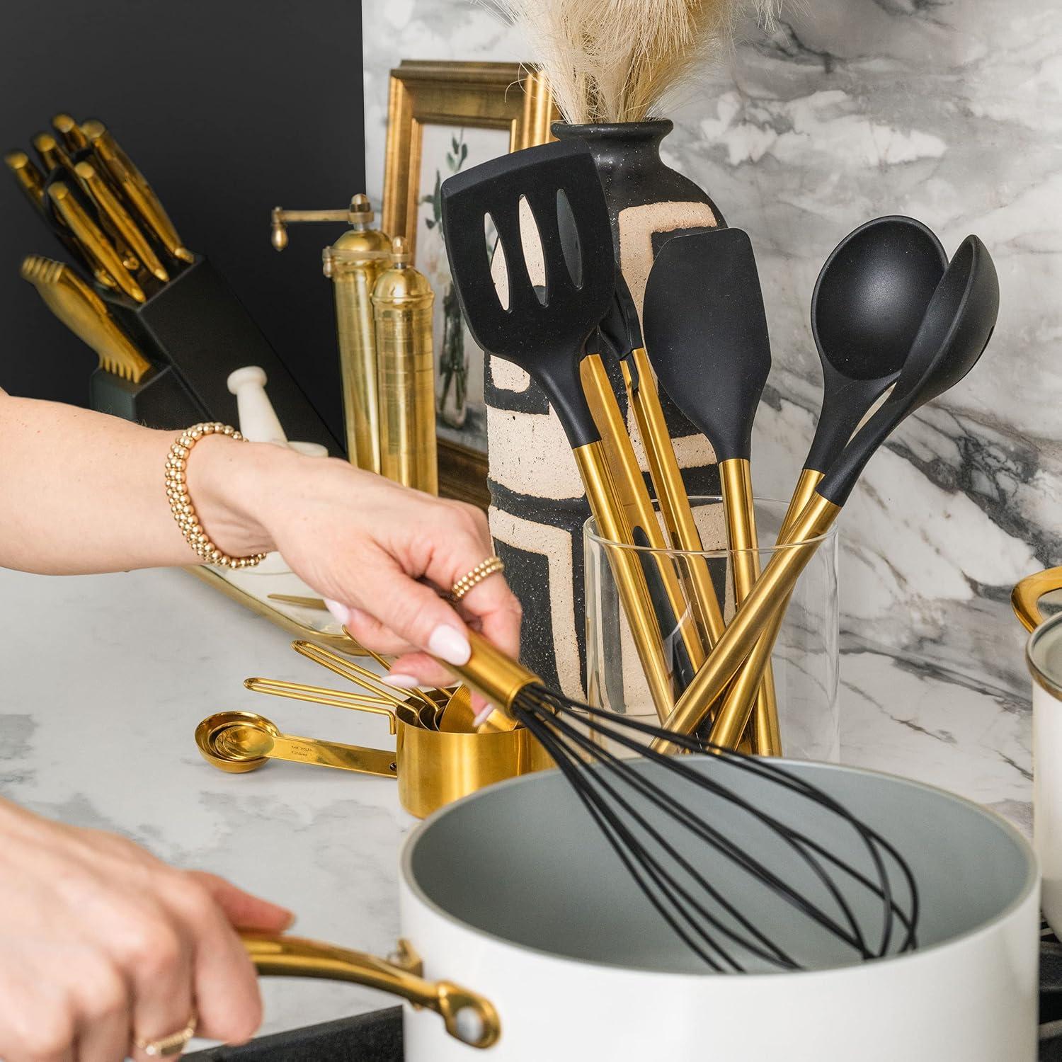 Black and Gold Kitchen Utensils Set 6PC Black Silicone Utensils Set Includes: Gold Tongs, Gold Whisk, Gold Serving Spoon, Gold Spatula & Turner-Black and Gold Kitchen Accessories & Gold Kitchen Decor