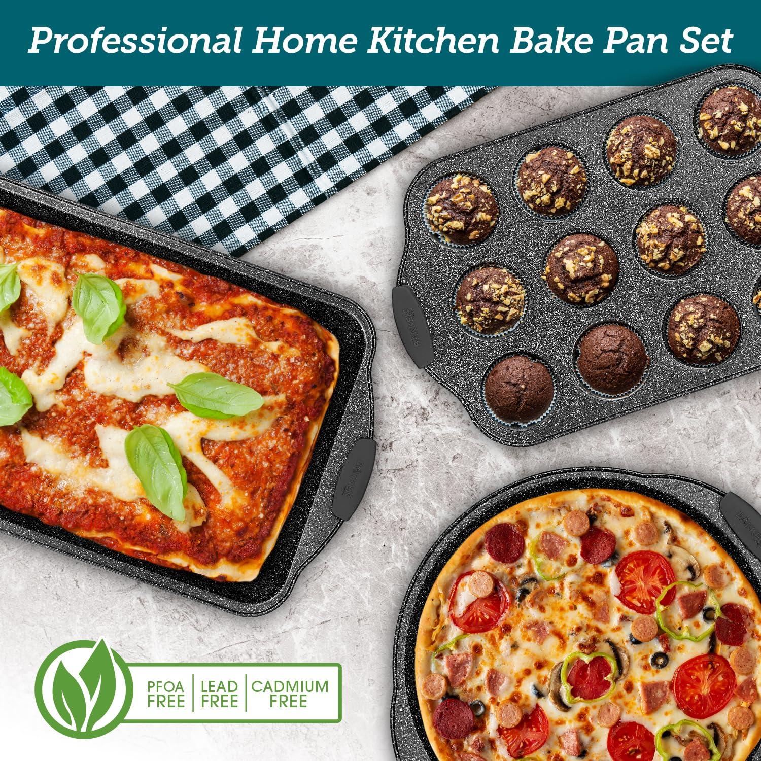 BAKKEN 8-Piece Kitchen Oven Baking Pans Set - Deluxe Nonstick Gray Marble Coating, Professional Grade Carbon Steel Bakeware with Silicone Handles