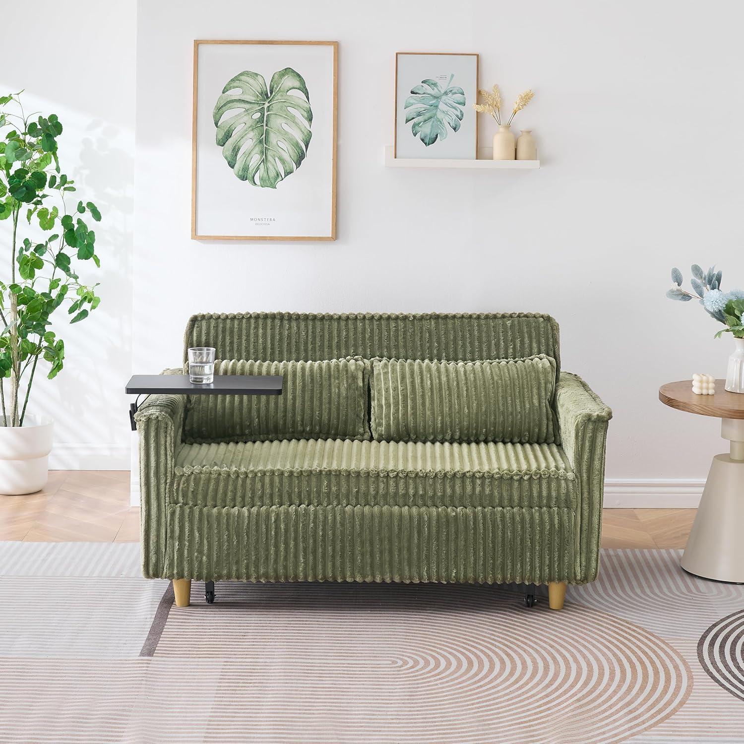 54"W Convertible Sleeper Sofa Bed,3-In-1 Corduroy Pull Out Couch Bed,Futon Loveseat Sleeper Couch with Adjustable Backrest and USB Ports & Side Table,Recliner for Living Room,Office,Small Space,Green