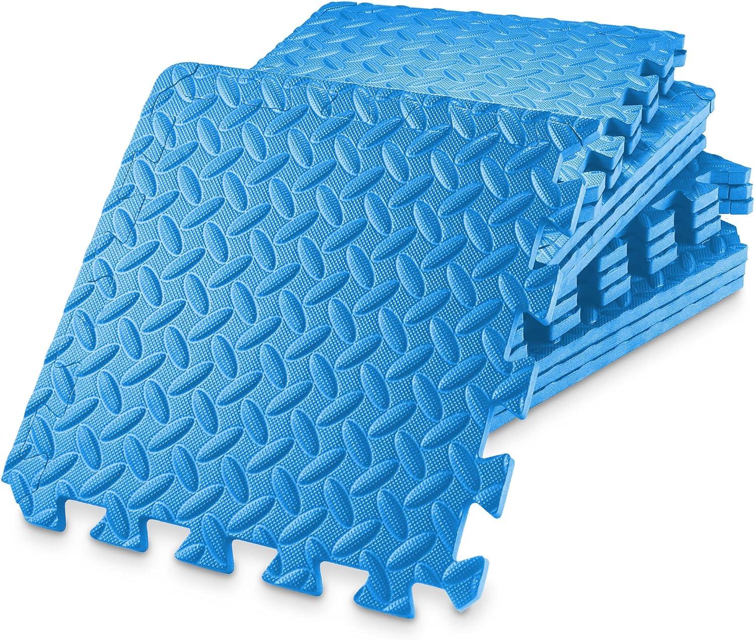 Philosophy Gym Pack of 12 Exercise Flooring Mats - 12 x 12 Inch Foam Rubber Interlocking Puzzle Floor Tiles - Blue