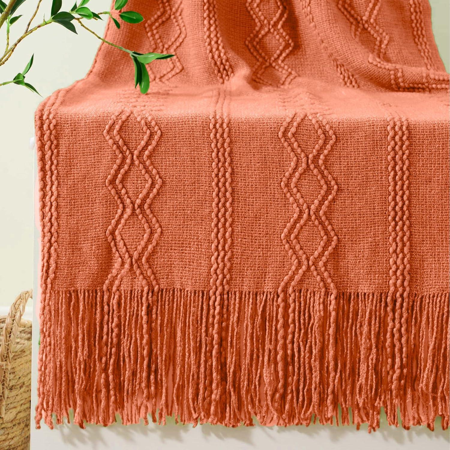 Battilo Burnt Orange Throw Blanket for Couch,Decorative Fall Throw Blanket with Tassels Halloween Throw Fall Decor, 50"x60"