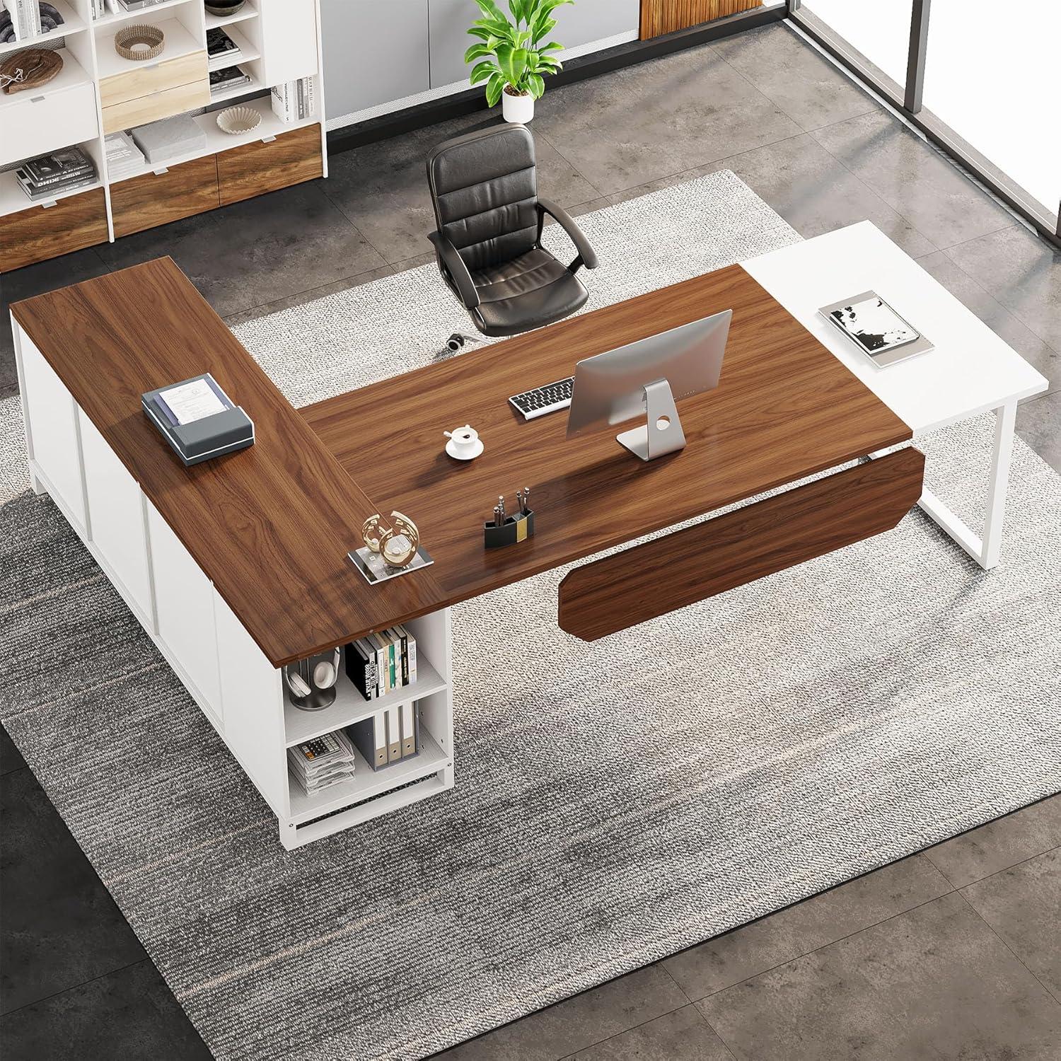 Tribesigns 70.8" L-Shaped Executive Desk with 55" File Cabinet, Large Home Office Computer Desk with Storage Shelves and Cabinet, Modern Business Furniture Set Home Office Workstation, Walnut White