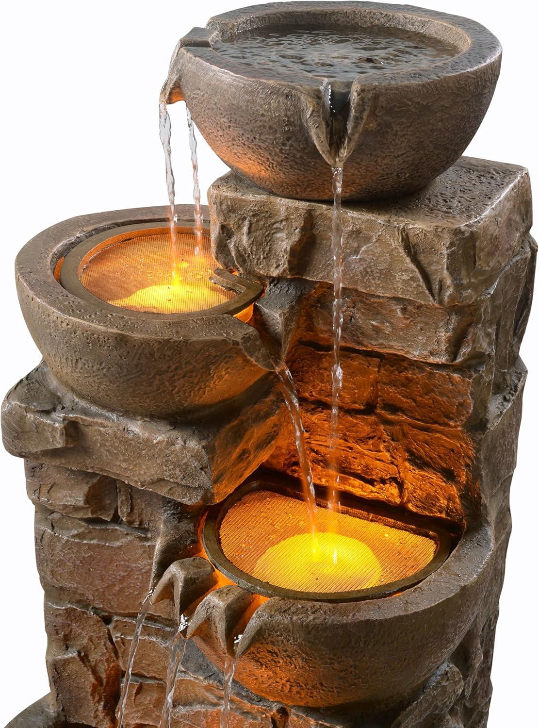 Teamson Home 33.27" Polyresin Cascading Bowls & Stacked Stones LED Fountain: Rust-Resistant, Electric Pump, Ground Freestanding