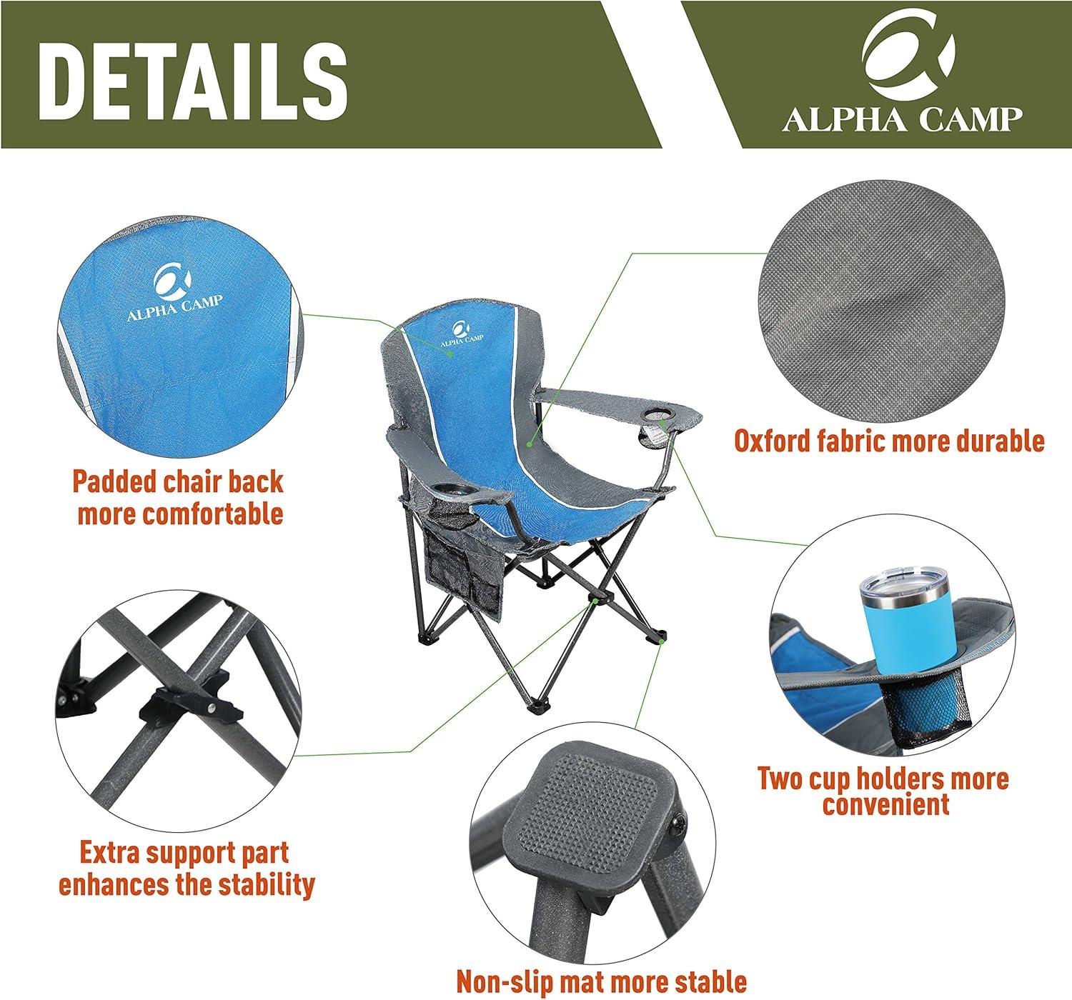 Oversized Camping Folding Chair Padded Arm Chair with Cup Holder Blue Grey