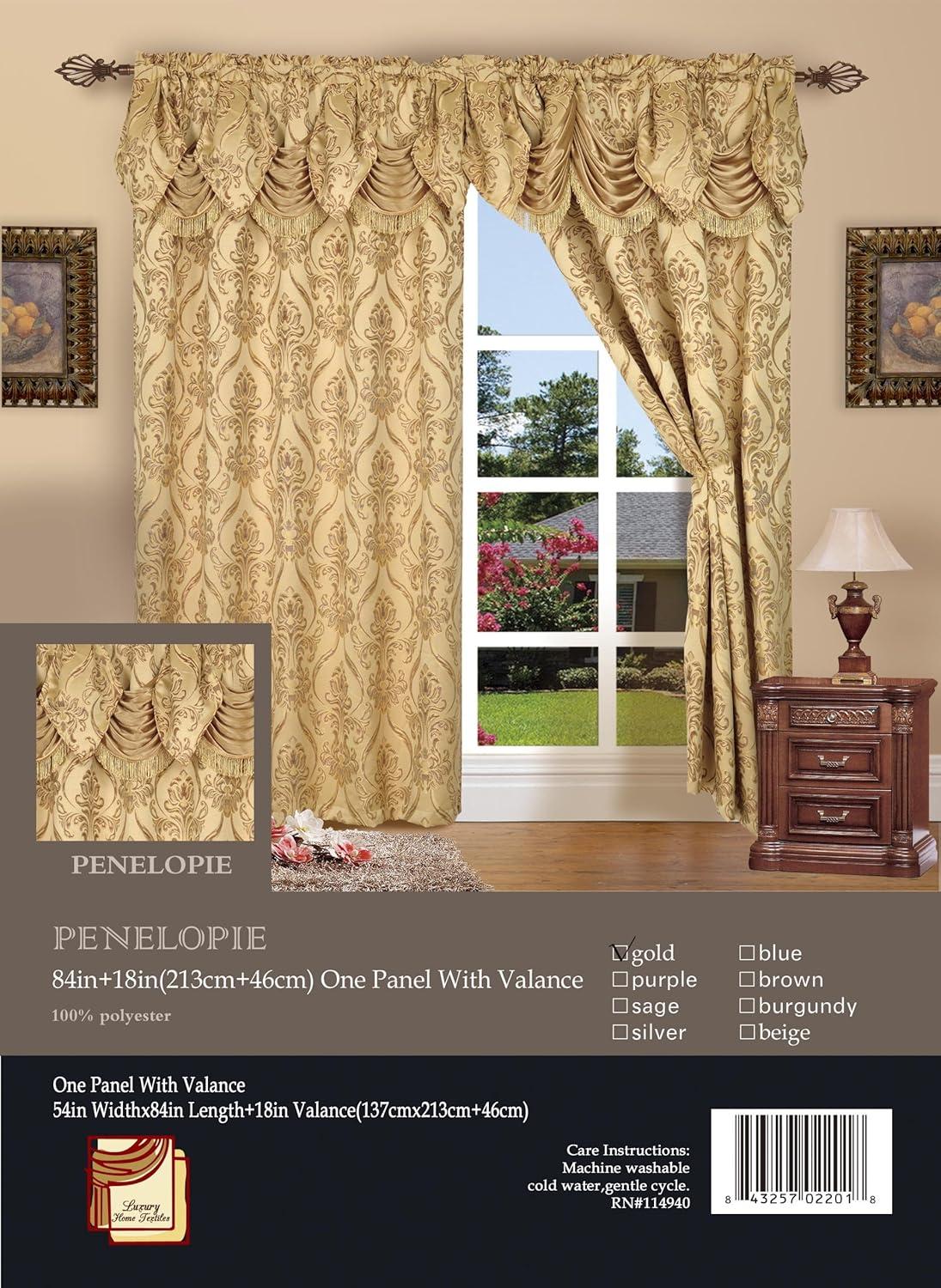 Curtain Panel Set with Attached Waterfall Valance, Jacquard Fabric, (SET of 2), 54 x 84 Inches, Gold