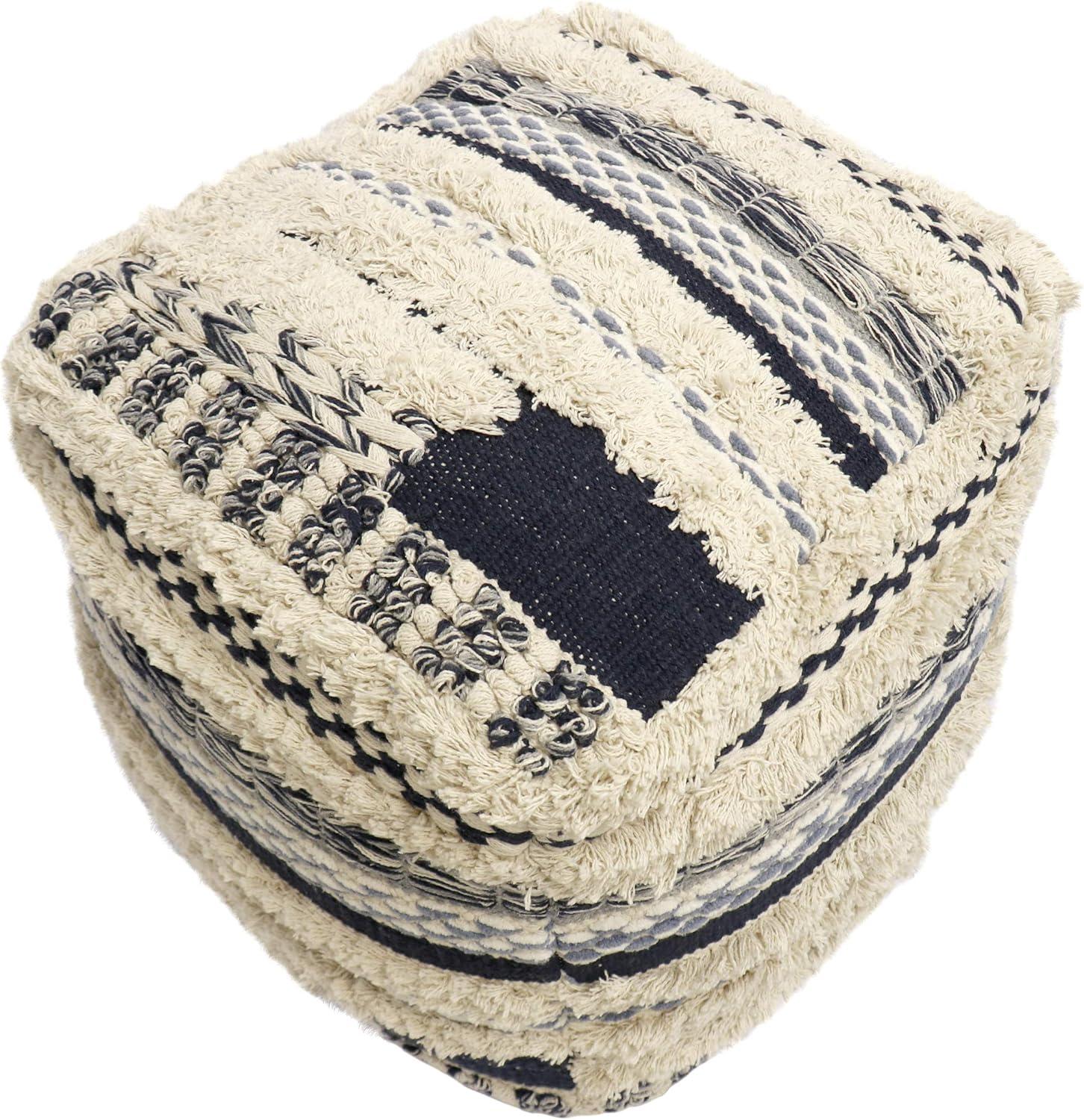 Navy and Beige Handwoven Cotton Shaggy Pouf