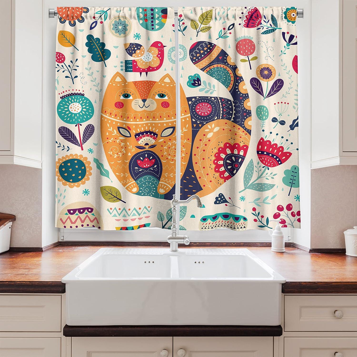 Ambesonne Paisley Kitchen Curtains, Cat and Flower Leaf, 55"x39", Multicolor