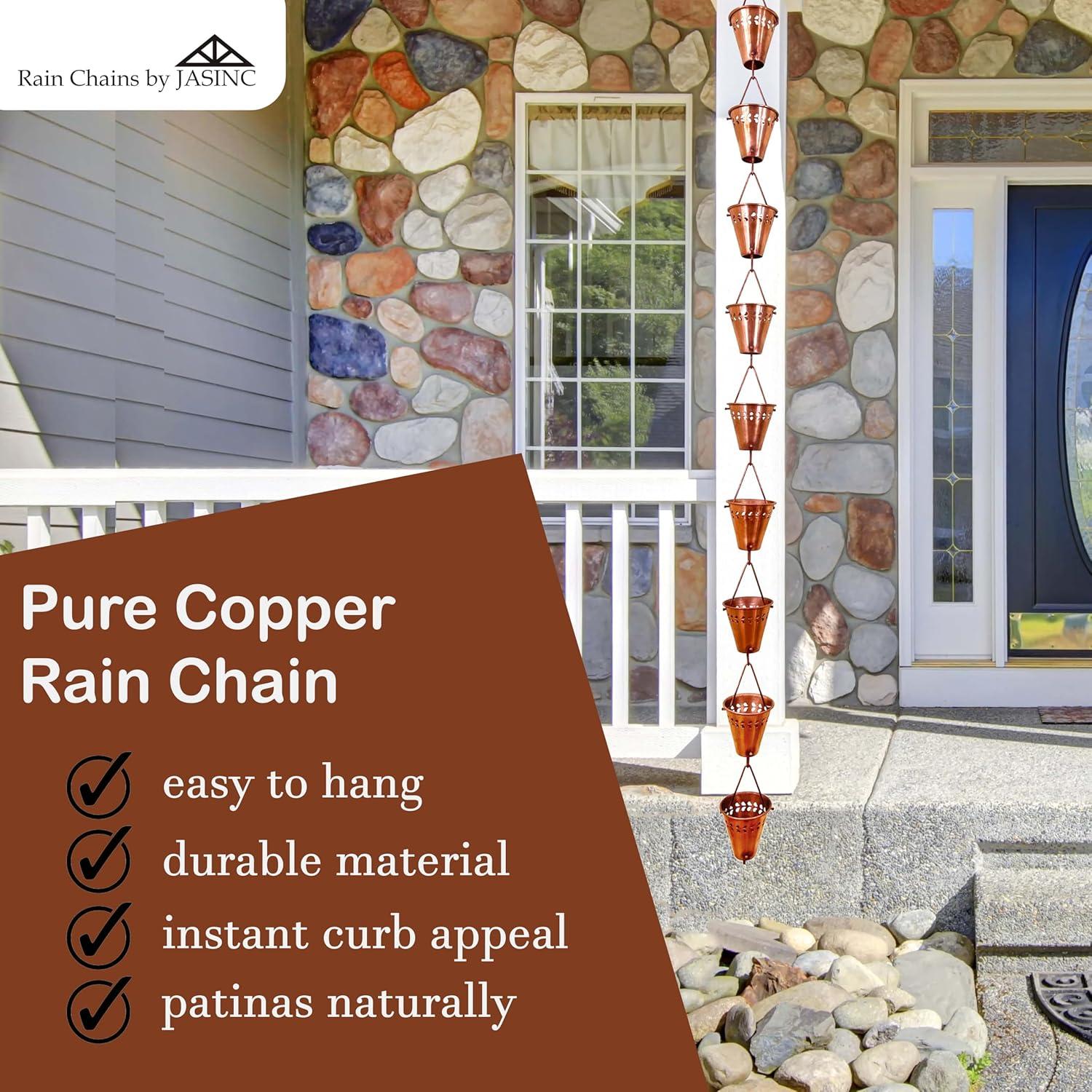 Rain Chains by JASINC 8.5 ft Fiona Rain Chain Copper, Water Diverter, JAS3004C