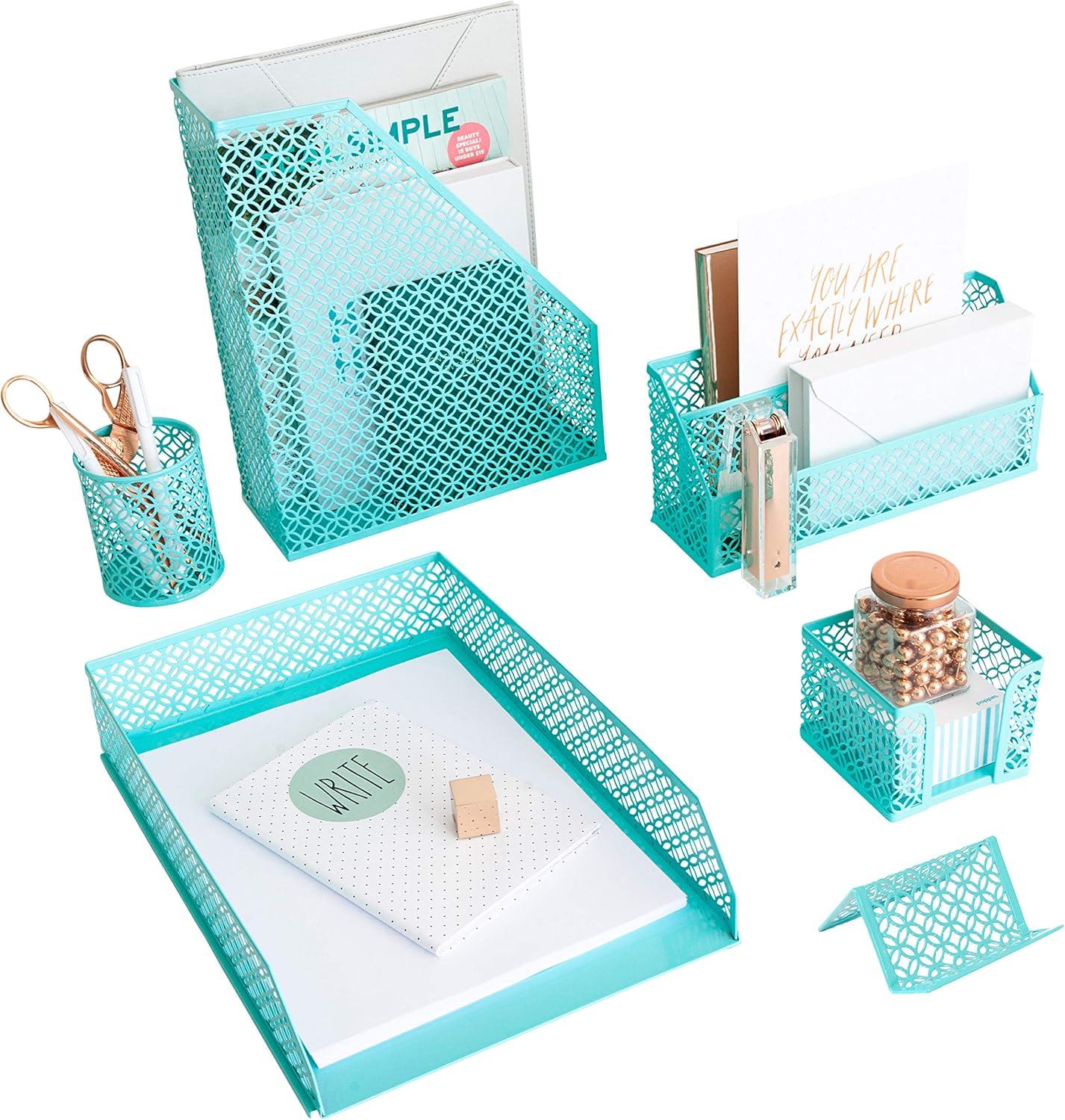 Blu Monaco Aqua 6 Piece Cute Desk Organizer Set - Desk Organizers and Accessories for Women - Cute Office Desk Accessories - Desktop Organization