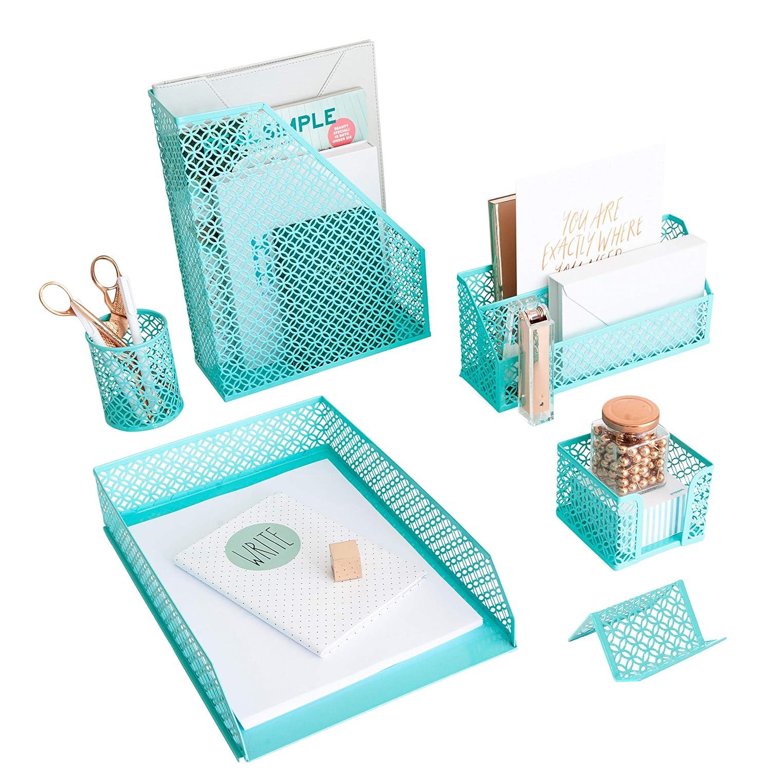 Blu Monaco Aqua 6 Piece Cute Desk Organizer Set - Desk Organizers and Accessories for Women - Cute Office Desk Accessories - Desktop Organization