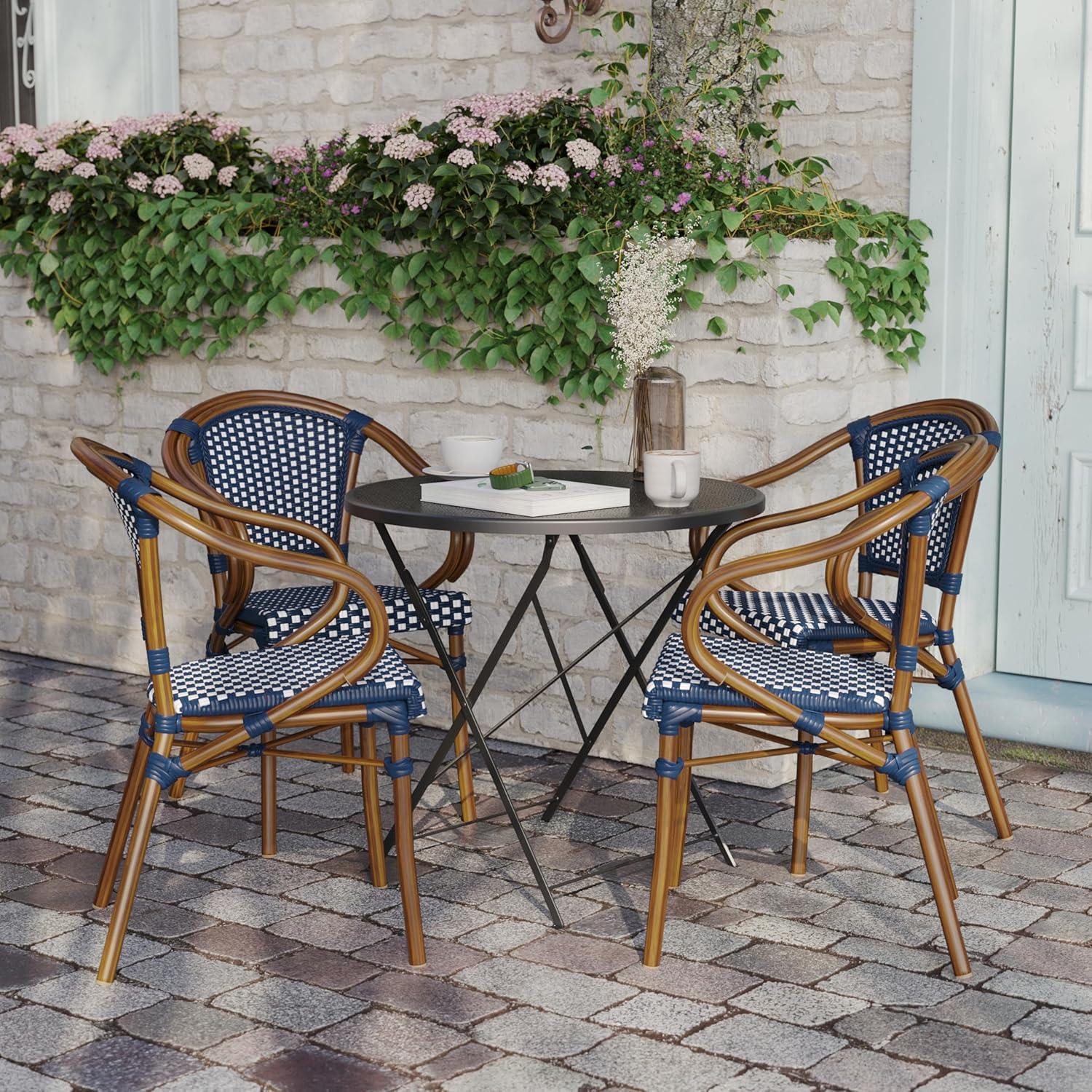 Flash Furniture 4 PK Bordeaux Indoor/Outdoor Commercial Bistro Stacking Chair w/ Arms, Navy & White PE Rattan & Bamboo Print Aluminum Frame in Natural