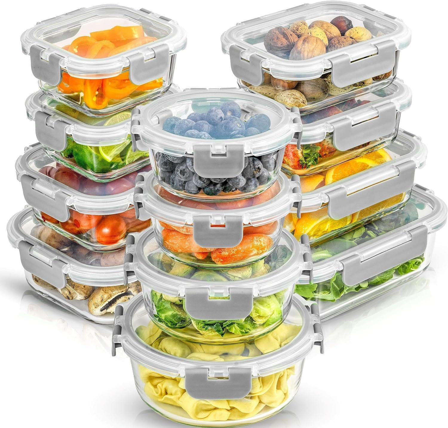 JoyJolt 24-Piece Glass Food Storage Container Set with Leakproof Lids, Light Grey