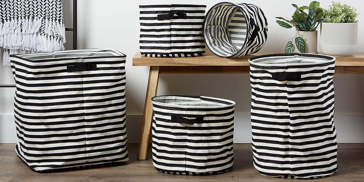 DII Cabana Stripe Laundry Collection, Waterproof Hamper, Medium Round, 12x9.5", Black, 2 Piece