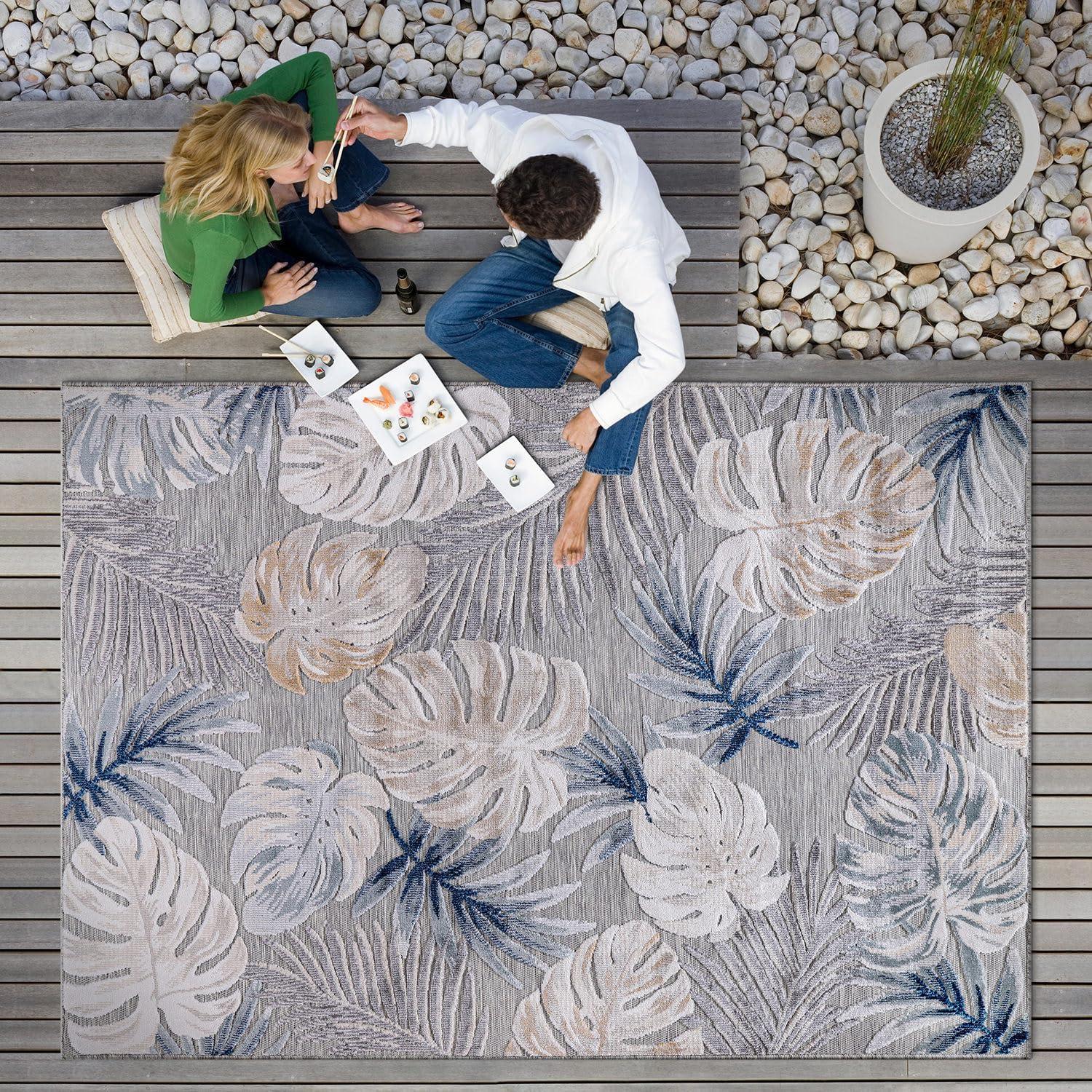 CAMILSON Spring Leaf Tropical Botanical Easy-Cleaning Non-Shedding Washable Outdoor Indoor Area Rug Blue 9x12