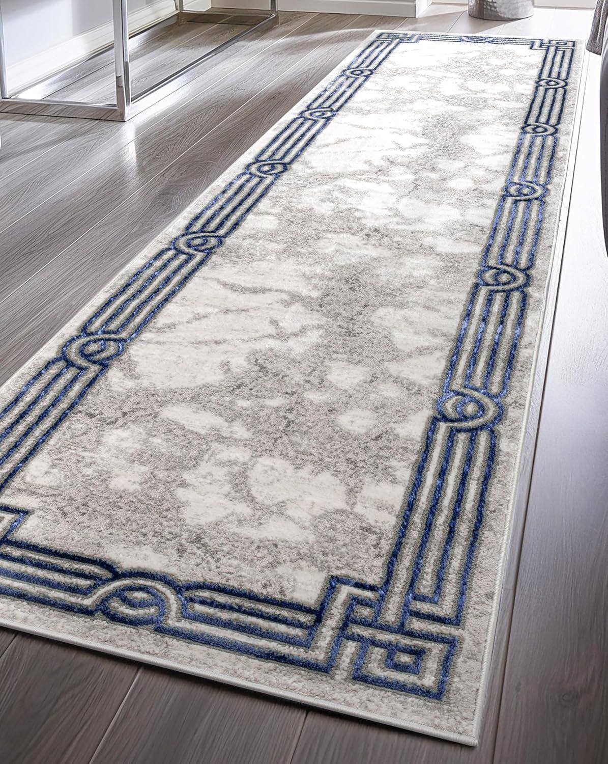 Well Woven Lezlee Abstract Modern 2'7" x 9'10" Runner Rug - Blue Marble Border - for Hallway, Entryway, Stair