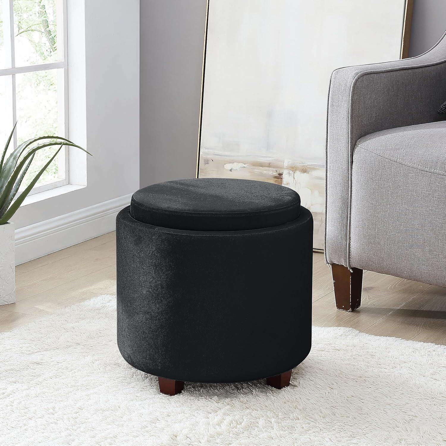 Ornavo Home Lawrence Round Storage Ottoman with Table Top Lid - Velvet Black