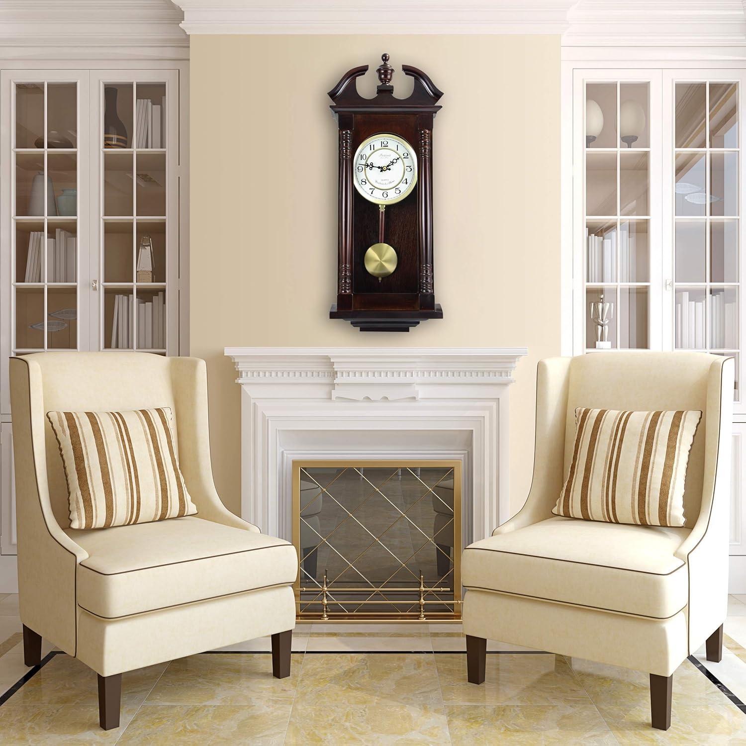 Bedford Clock Collection Classic Chiming Wall Clock with Swinging Pendulum in Cherry Oak Finish, 4.75" L x 11.75" W x 27.50" H