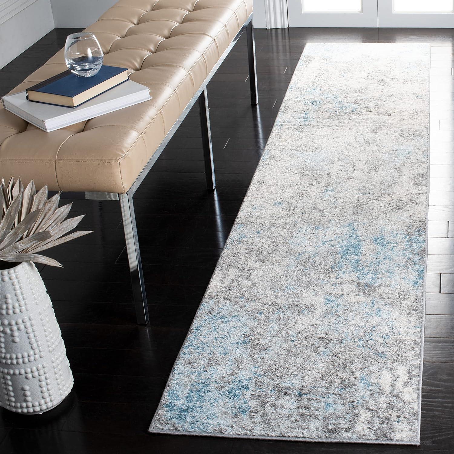 Abstract Grey & Blue Synthetic 2' x 9' Easy-Care Runner Rug