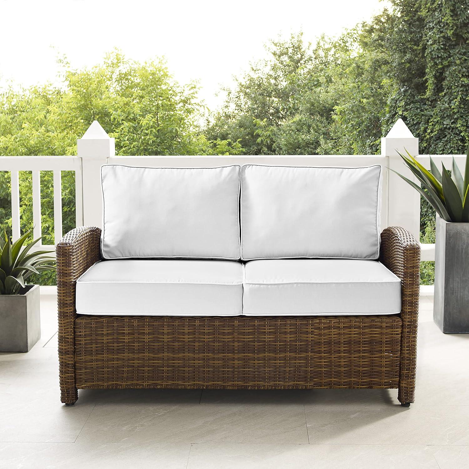 Bradenton Outdoor Loveseat: Weathered Brown/White, Steel Frame, Moisture-Resistant Cushions - Crosley