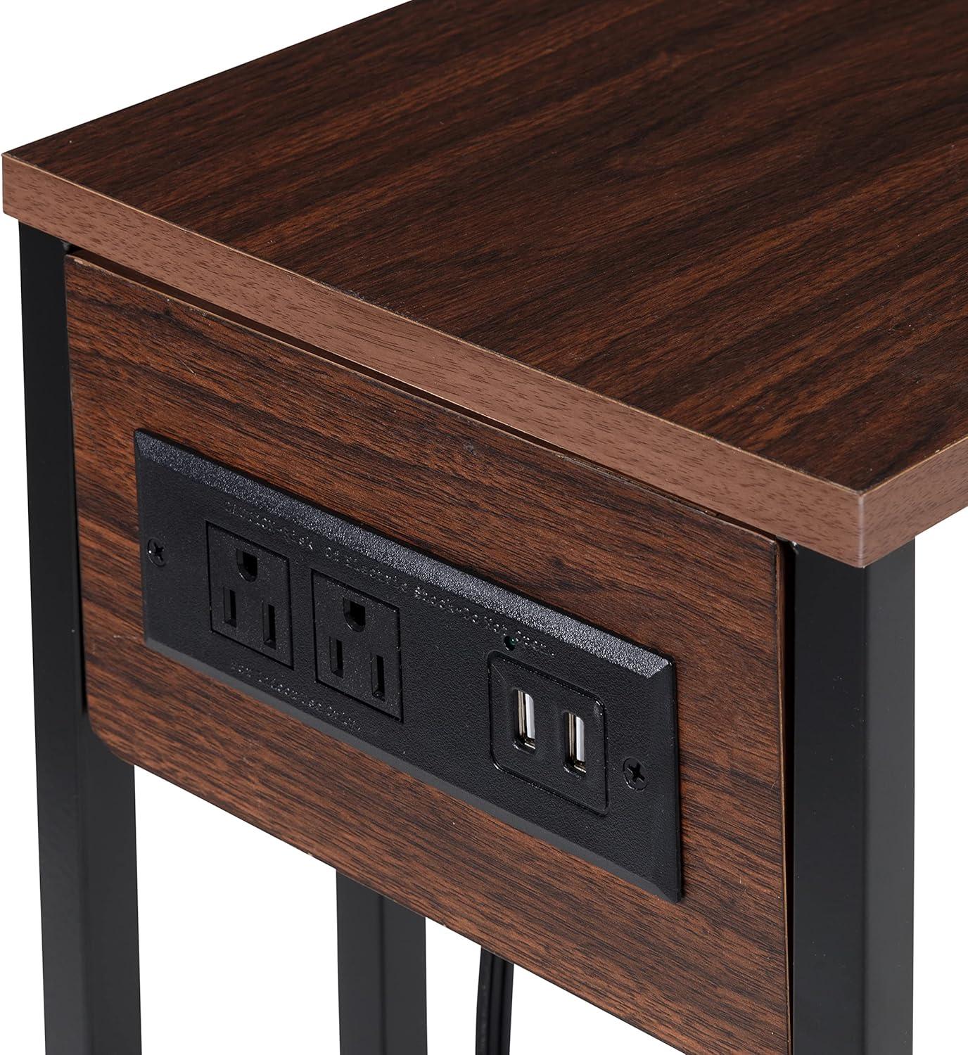 Honey-Can-Do Wood and Metal Rolling C-Shape Side Table with Outlets, Walnut/Black