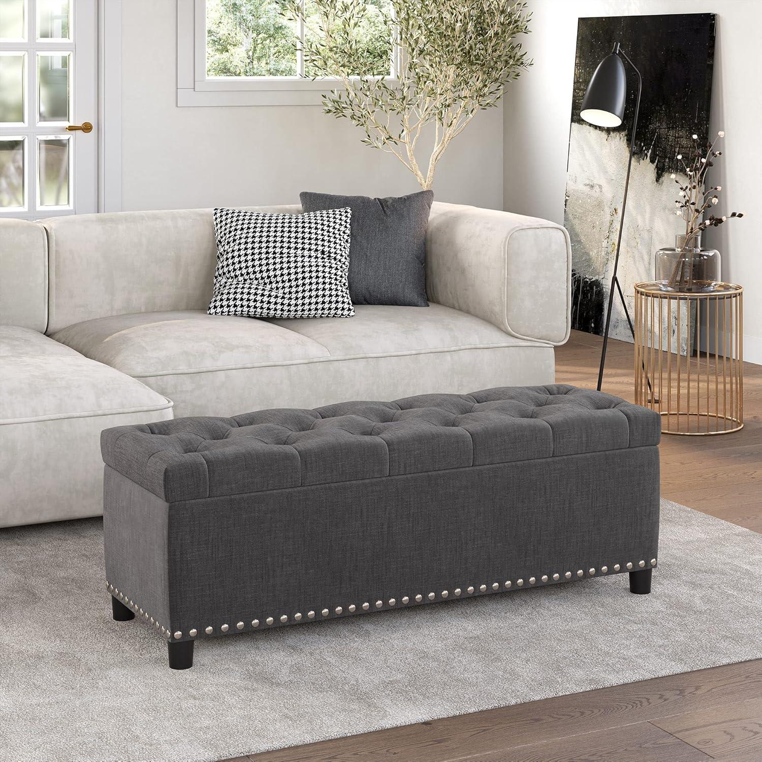 BELLEZE Button-Tufted Linen Storage Ottoman Bench - Brentwood (Dark Gray)