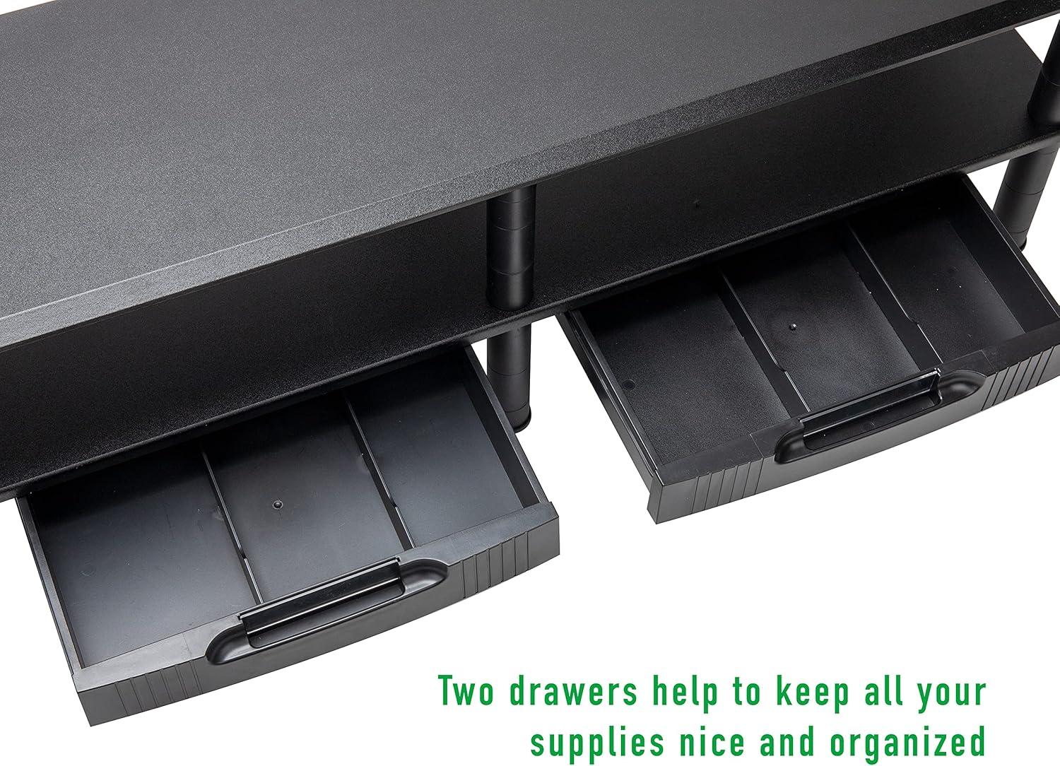 Black Dual Monitor Stand with Storage Shelves and Drawers