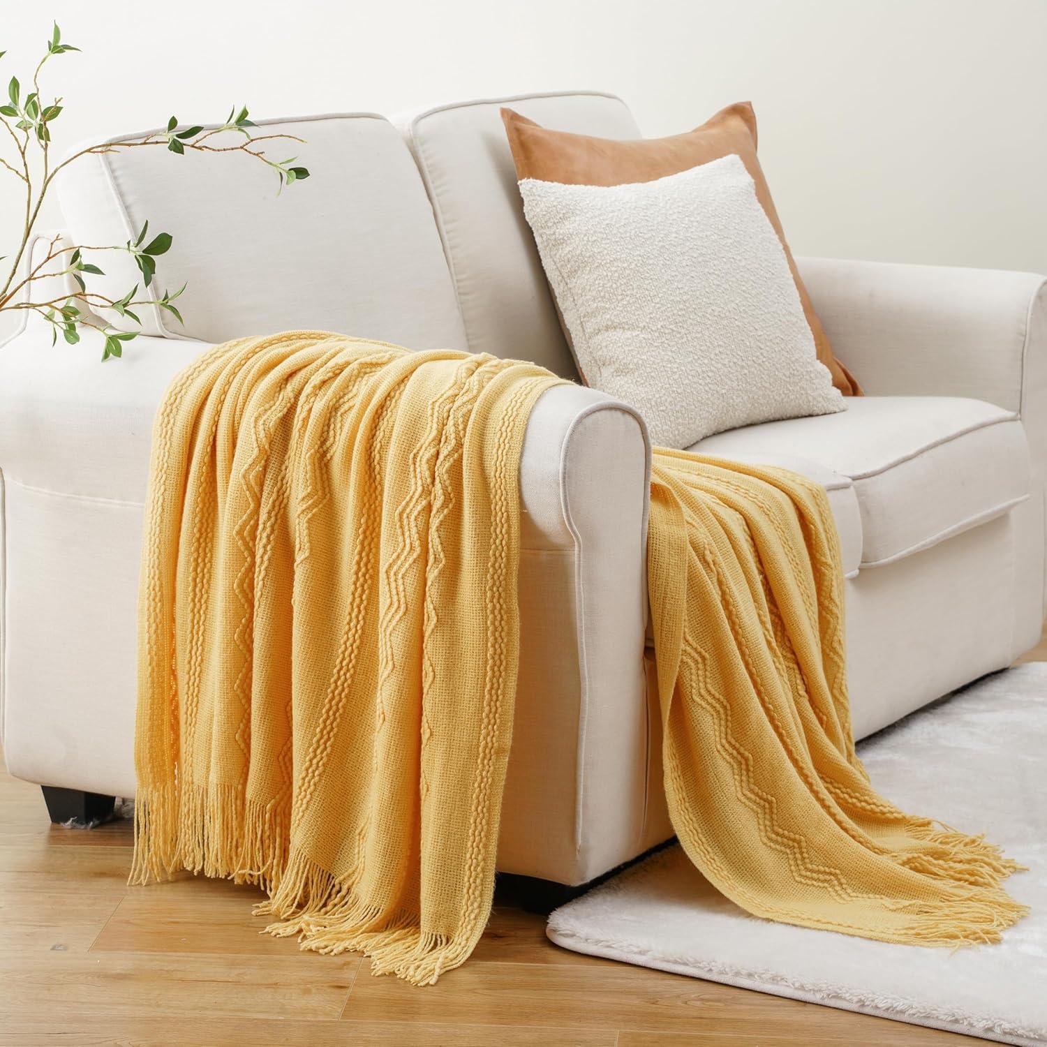 Battilo Throw Blanket, Knitted Yellow Geometric Throws, 50" x 60"