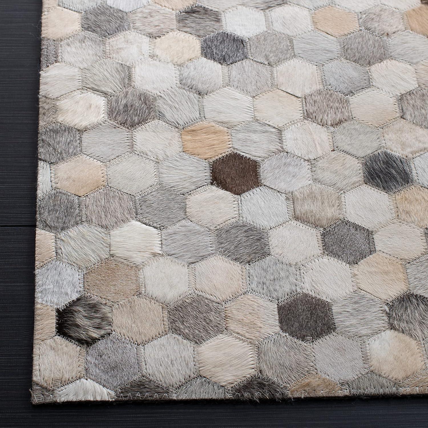 Ivory and Gray Handmade Geometric Cowhide Runner Rug