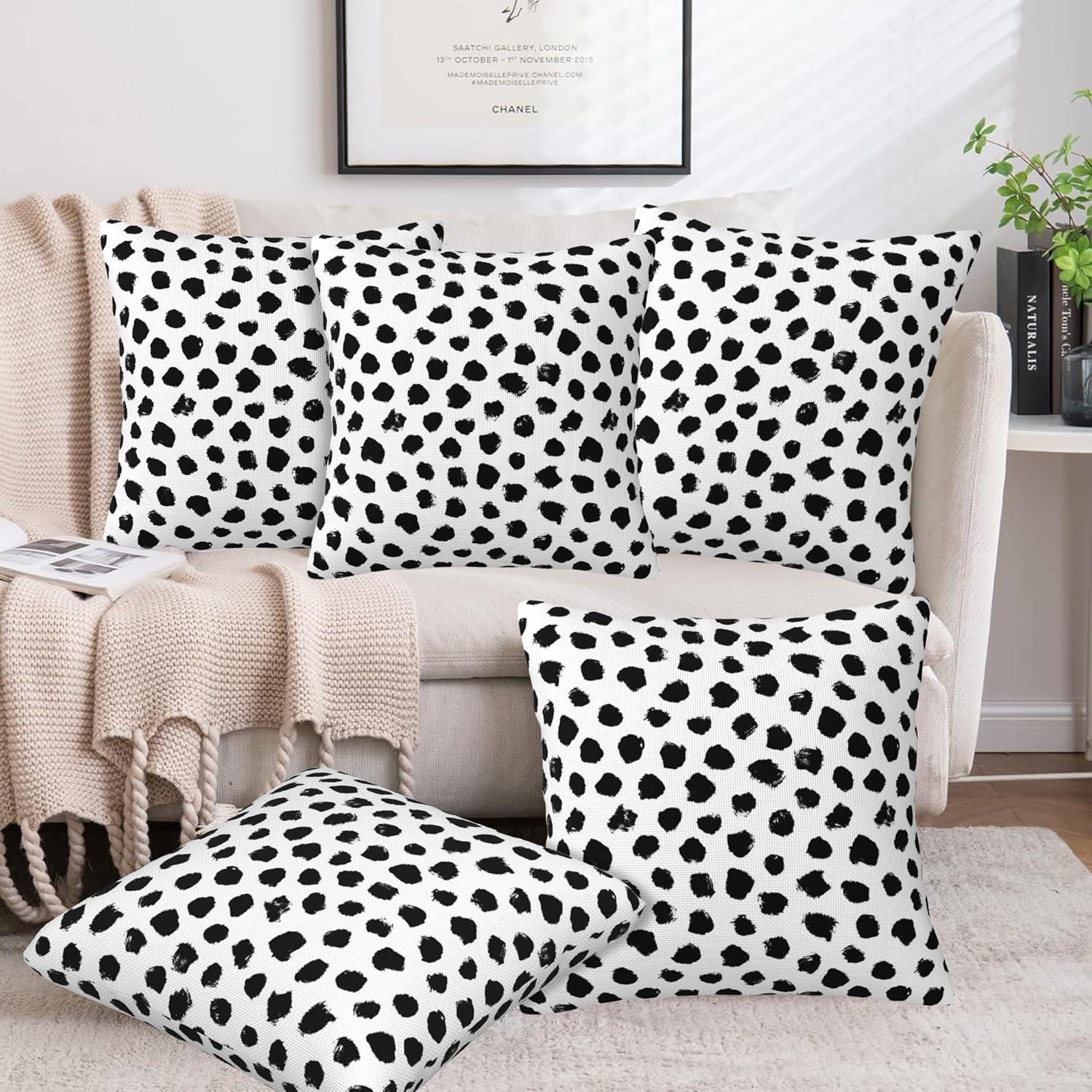 Polka Dots Decorative Throw Pillow Cover Case Brush Strokes Dots Cotton Linen Outdoor Pillow Cases Square Cushion Covers for Sofa Couch Bed Car 18x18 inch Black