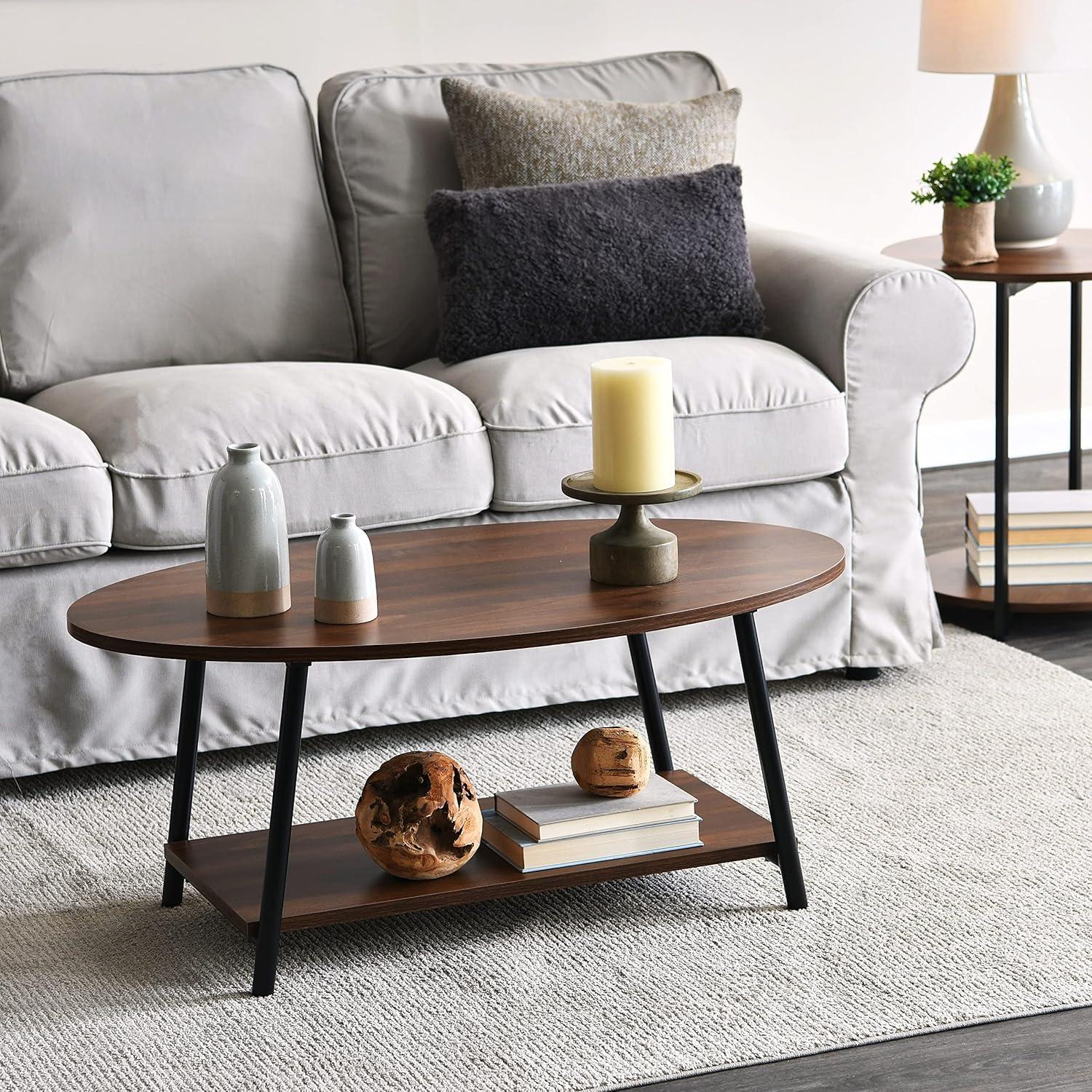 Household Essentials Jamestown Oval Coffee Table with Storage Shelf Ashwood Rustic Wood Grain and Black Metal