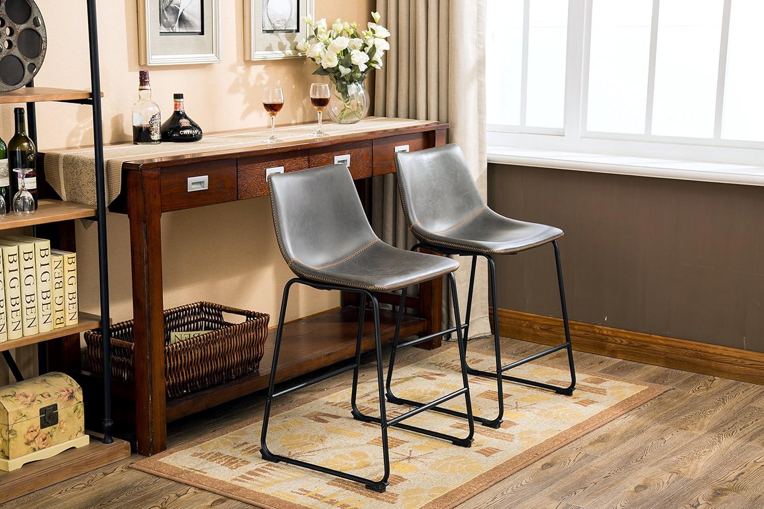 Roundhill Furniture Lotusville Vintage PU Leather Counter Height Stools, Antique Gray, Set of 2