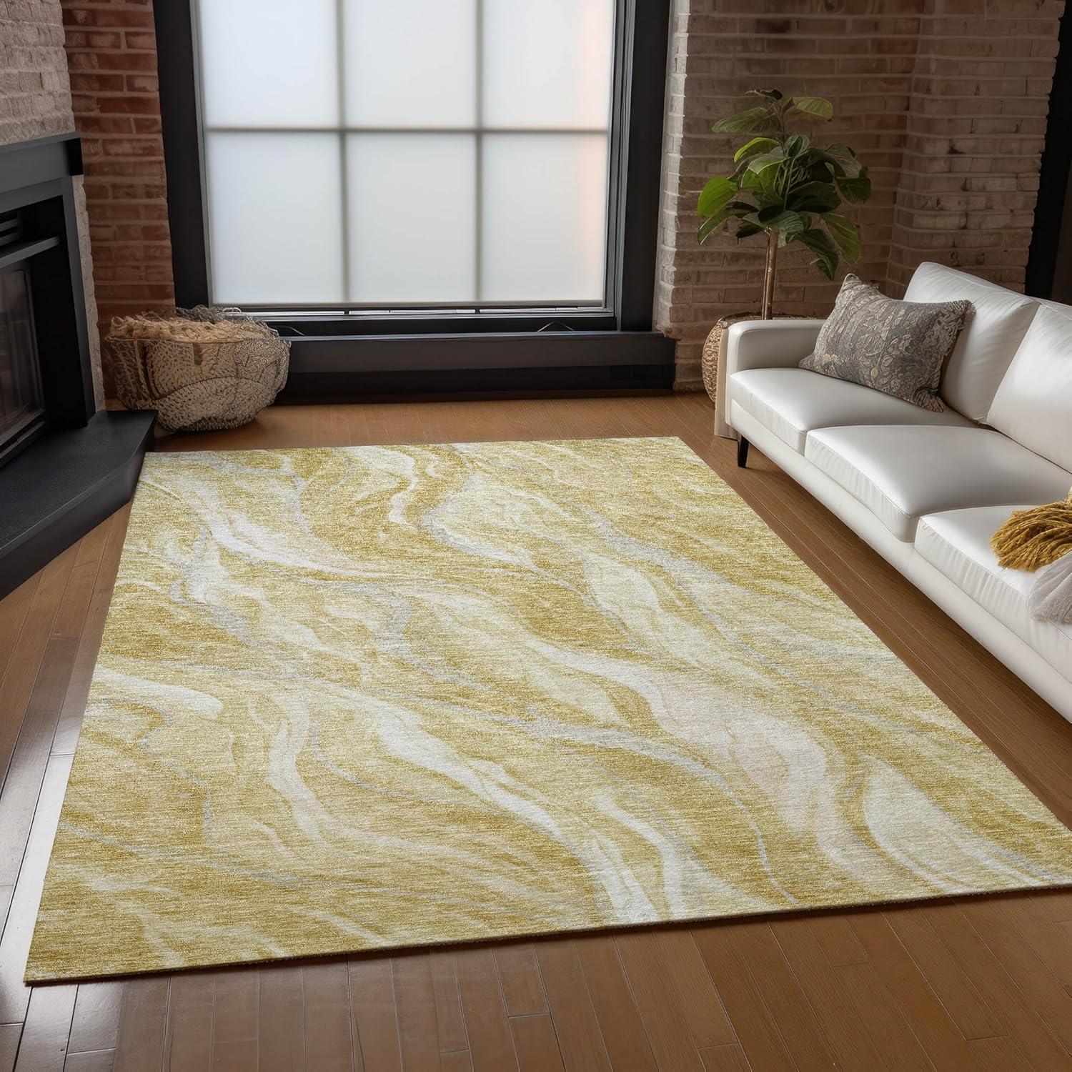 Gold and Beige Rectangular Machine-Washable Indoor/Outdoor Rug