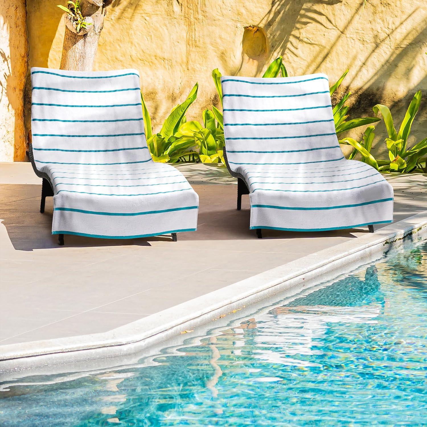Arkwright Las Rayas Chaise Lounge Cover - (Pack of 2) 100% Cotton Terry Towel with Fitted Pocket, 30x85 - Blue
