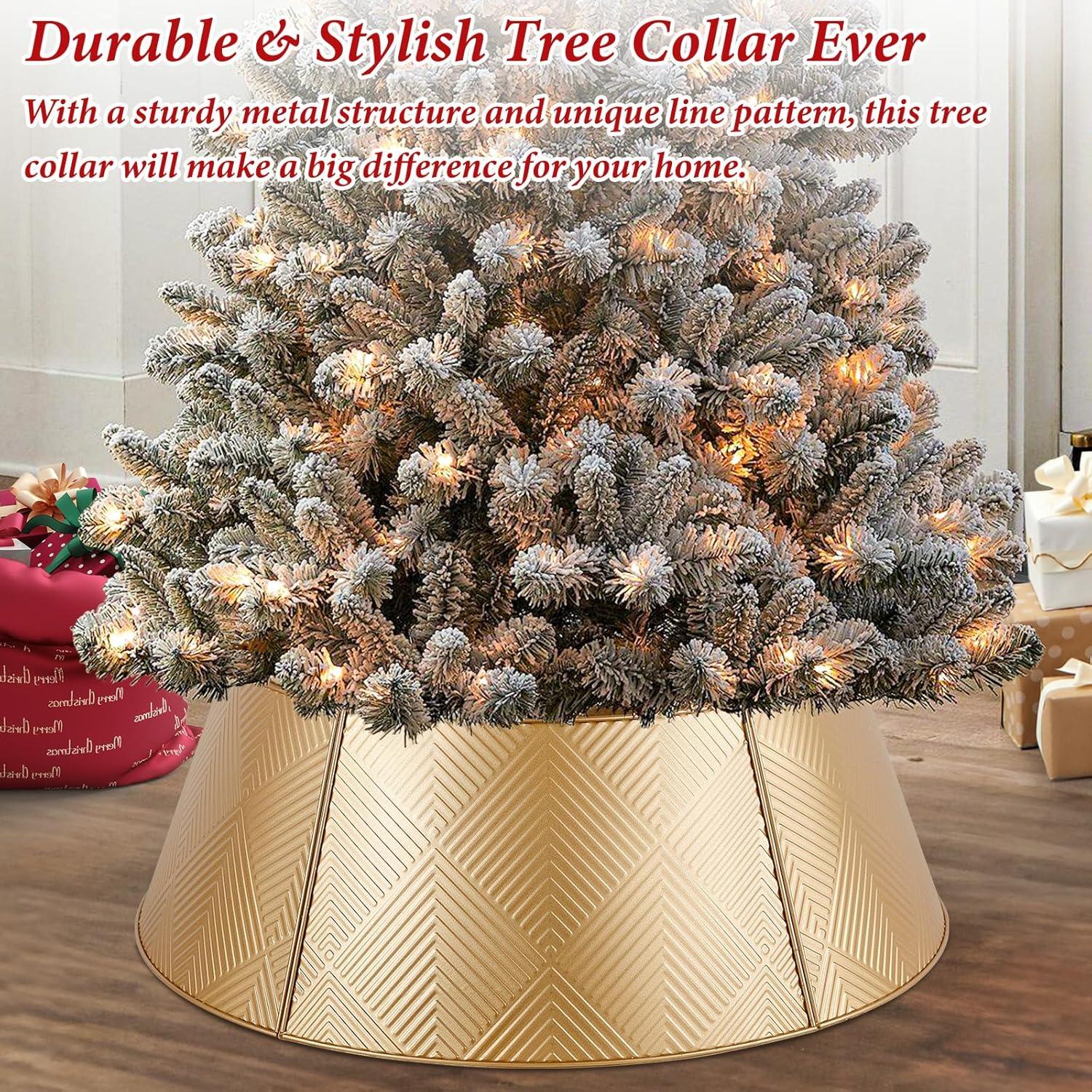 Nordic Hygge 28’’ Christmas Tree Collar, Gold Tree Skirt for Christmas Tree Decor, Christmas Tree Base Cover with Printed Patterns, Metal Tree Collar for Pencil Tree of Living Room