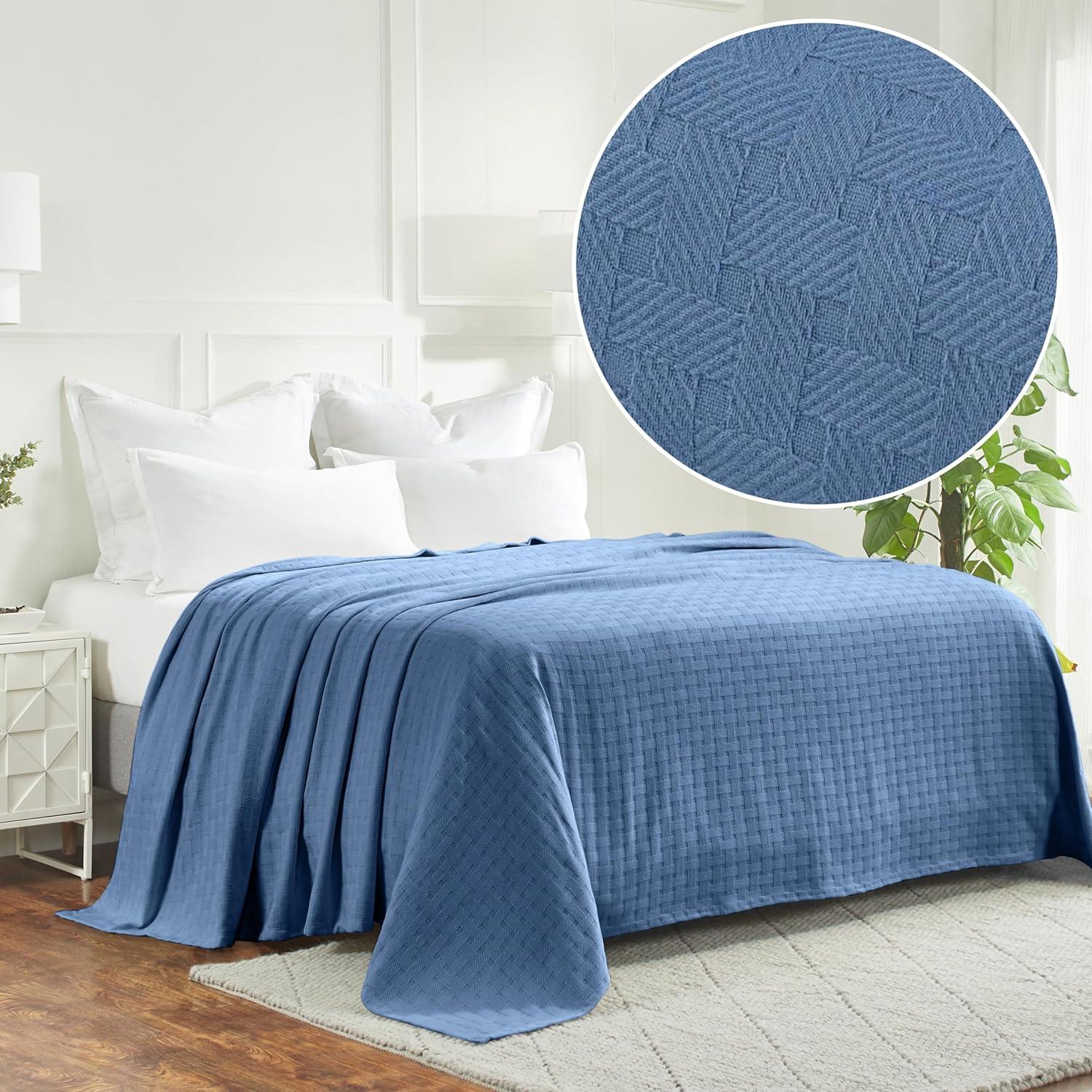 Superior Basketweave All-Season Cotton Blanket, Throw, Denim Blue