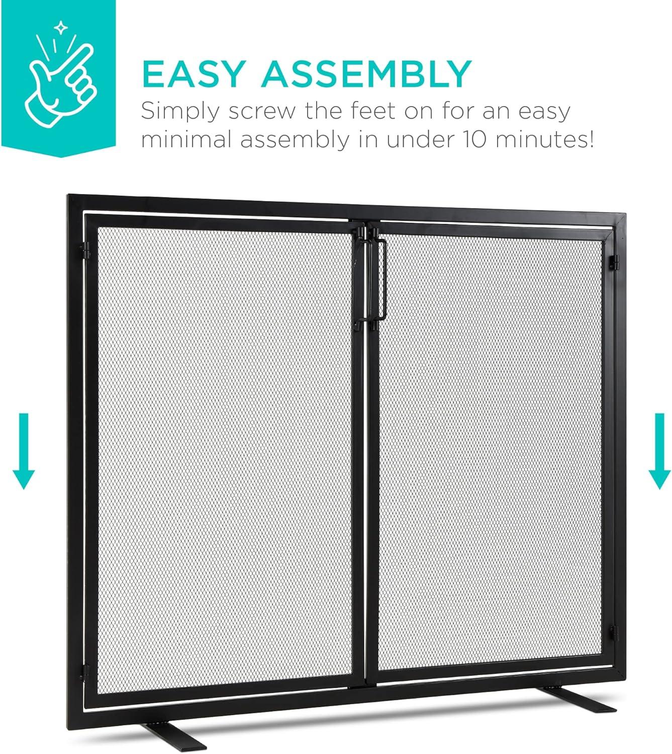 38.5 x 31 in 2-Door Fireplace Screen, Handcrafted Wrought Iron Spark Guard w/ Magnetic Doors