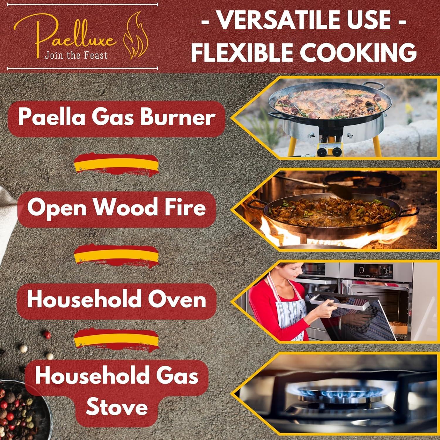 Paelluxe 22 Inch Paella Pan 16 Servings - Enamelled No Rust Easy to Clean Steel Pan Propane - Gas Burners for Cooking - Indoor & Outdoor Cooking Skillet - Cacerola Paellera Sarten - Mother's Day Gift