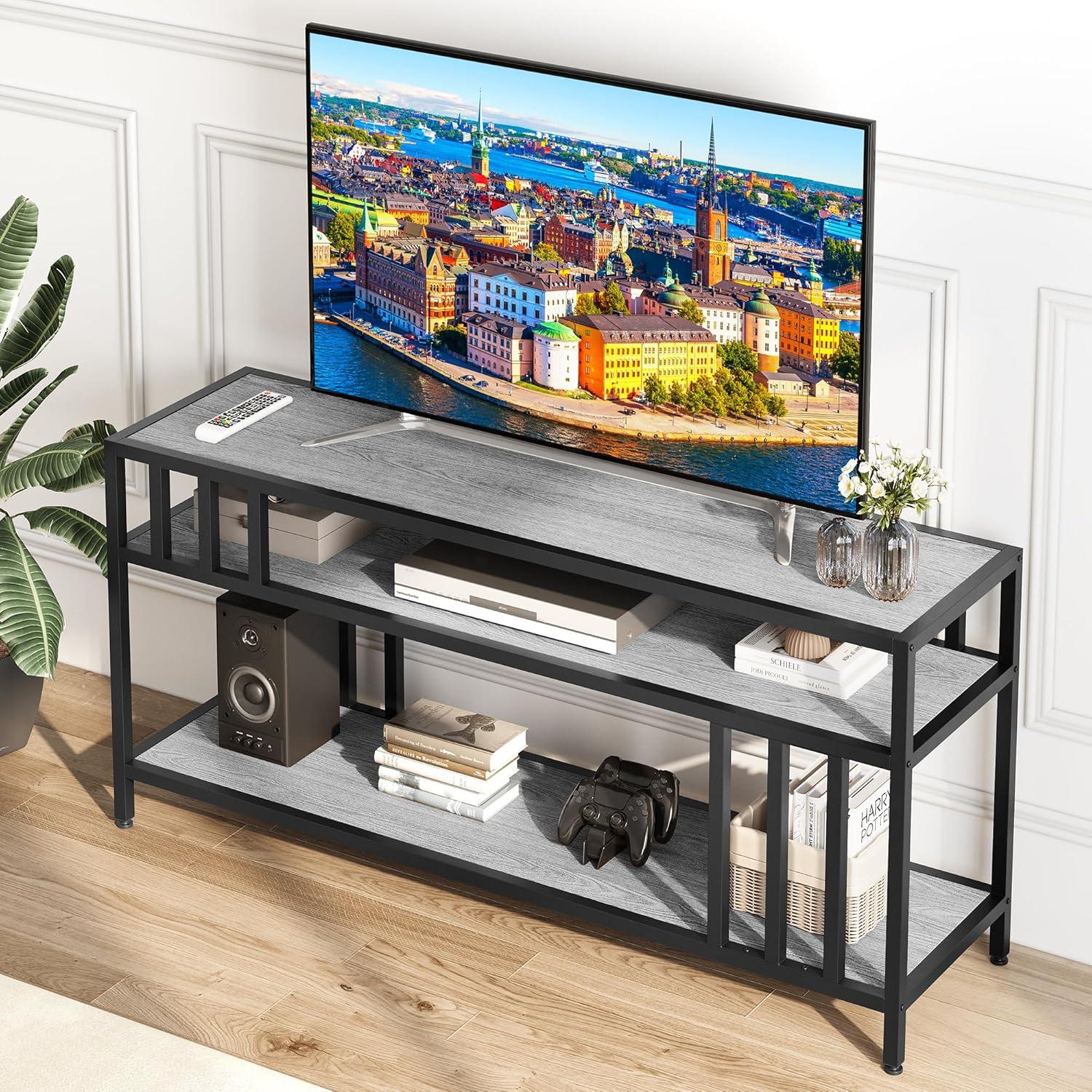 GarveeHome 58'' TV Stand for TV up to 65 Inches, Entertainment Center with Open Storage Shelves, TV Media Console Table with Quadruple-Tube Support for Living Room, Bedroom - 58" Grey