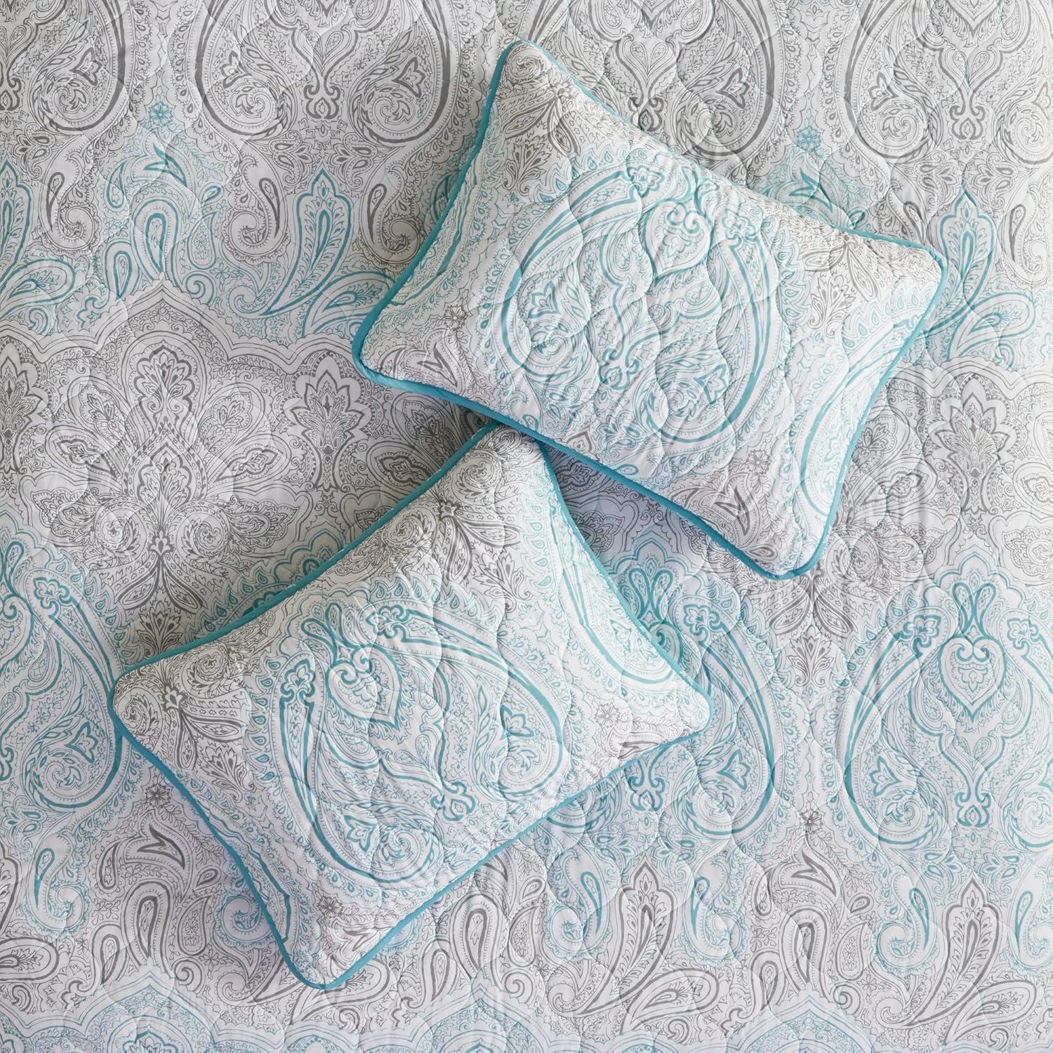 Madison Park Cardi Reversible Cotton Quilt Set - Paisley Design, Boho Reverse Summer Breathable Coverlet, Lightweight All Season Bedding Layer, Shams, Full/Queen(90"x90"), Teal 3 Piece