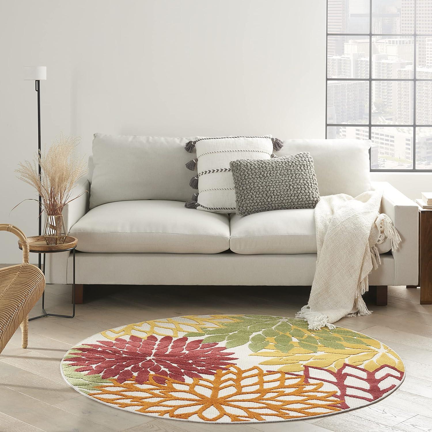 Nourison Aloha Floral Bloom Flatweave High-Low Indoor Outdoor Round Rug Red Multi Colored 5'3" x 5'3"