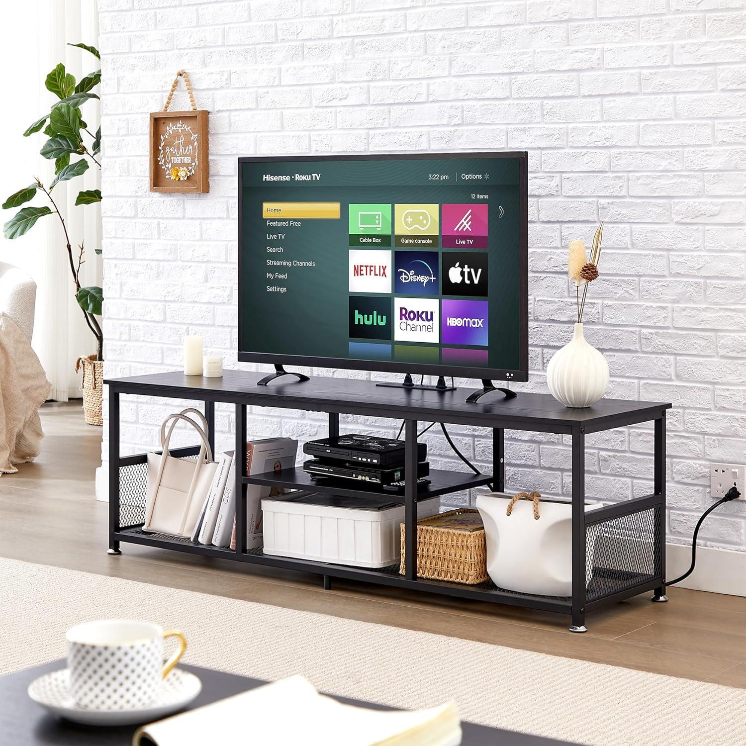 VECELO TV Stand with Power Outlets for Televisions up to 55 Inch, 47" Media Entertainment Center with Charging Station 3-Tier Open Storage Shelves with Metal Frame for Living Room/Bedroom，Black