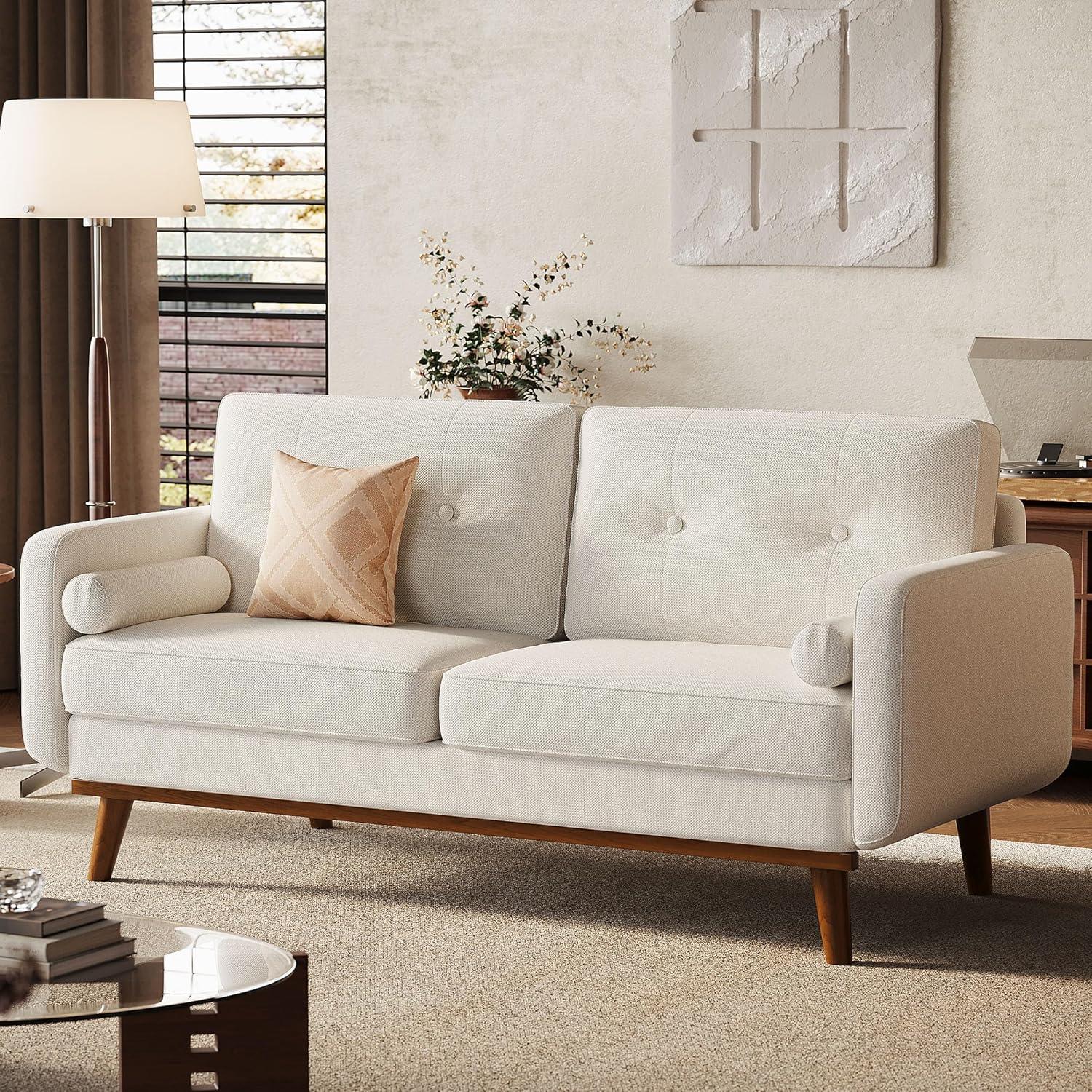 Beige Linen Upholstered Mid Century Modern Loveseat Sofa