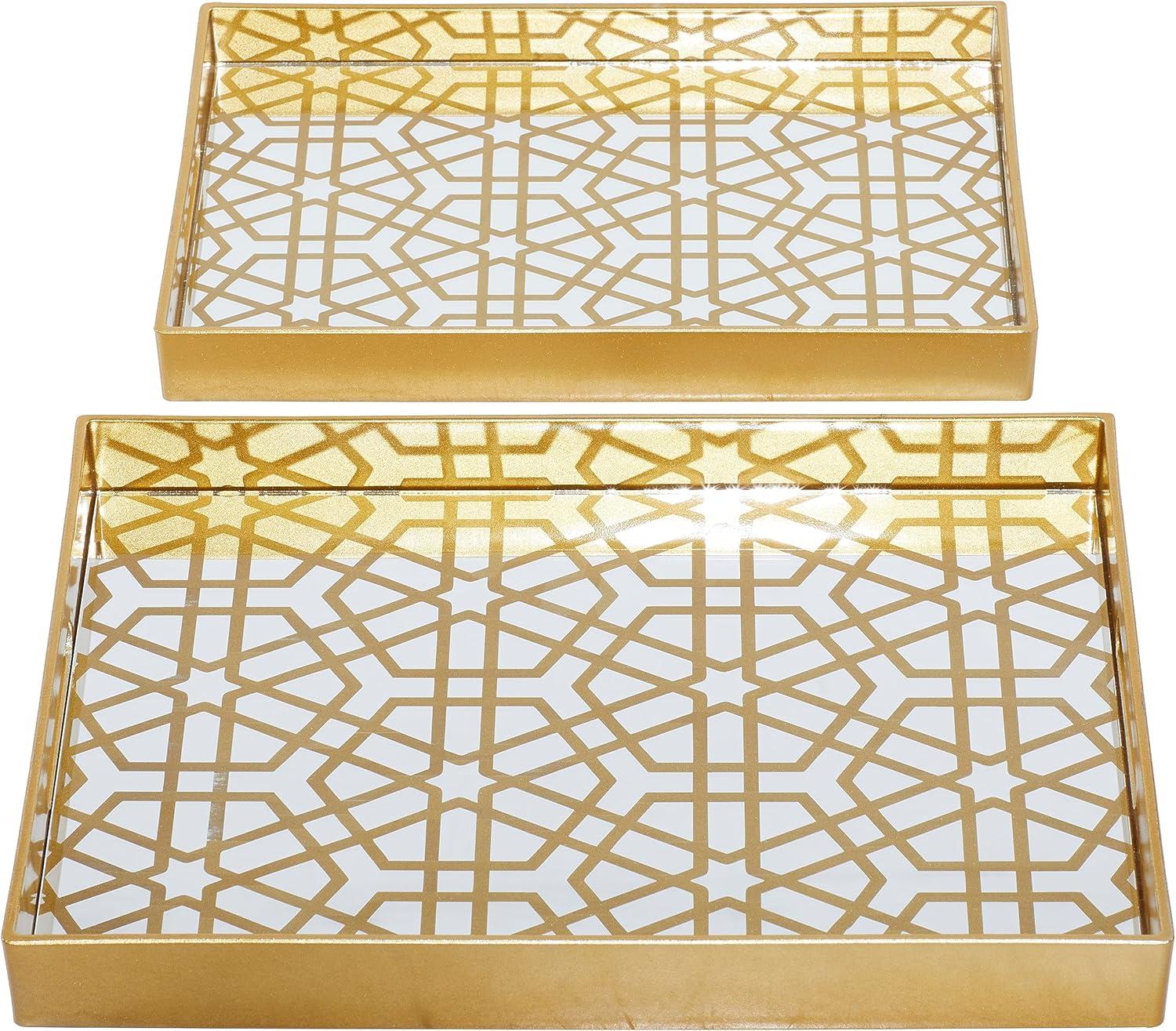 Gold Geometric Mirrored Glass Tray Set, 14" and 16"